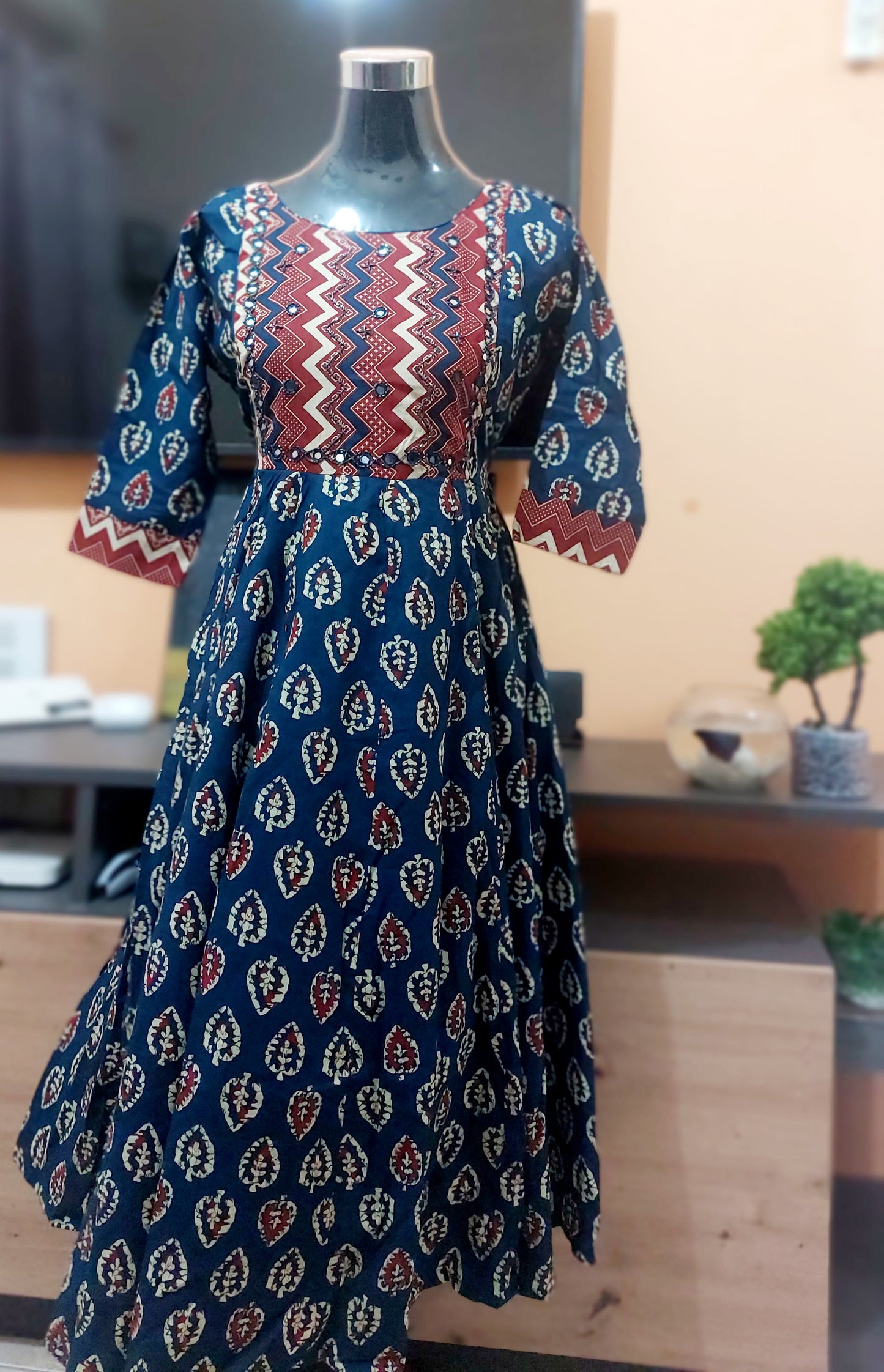 OS68 Cotton Aline kurti with ajrakh print and real mirror work on yoke