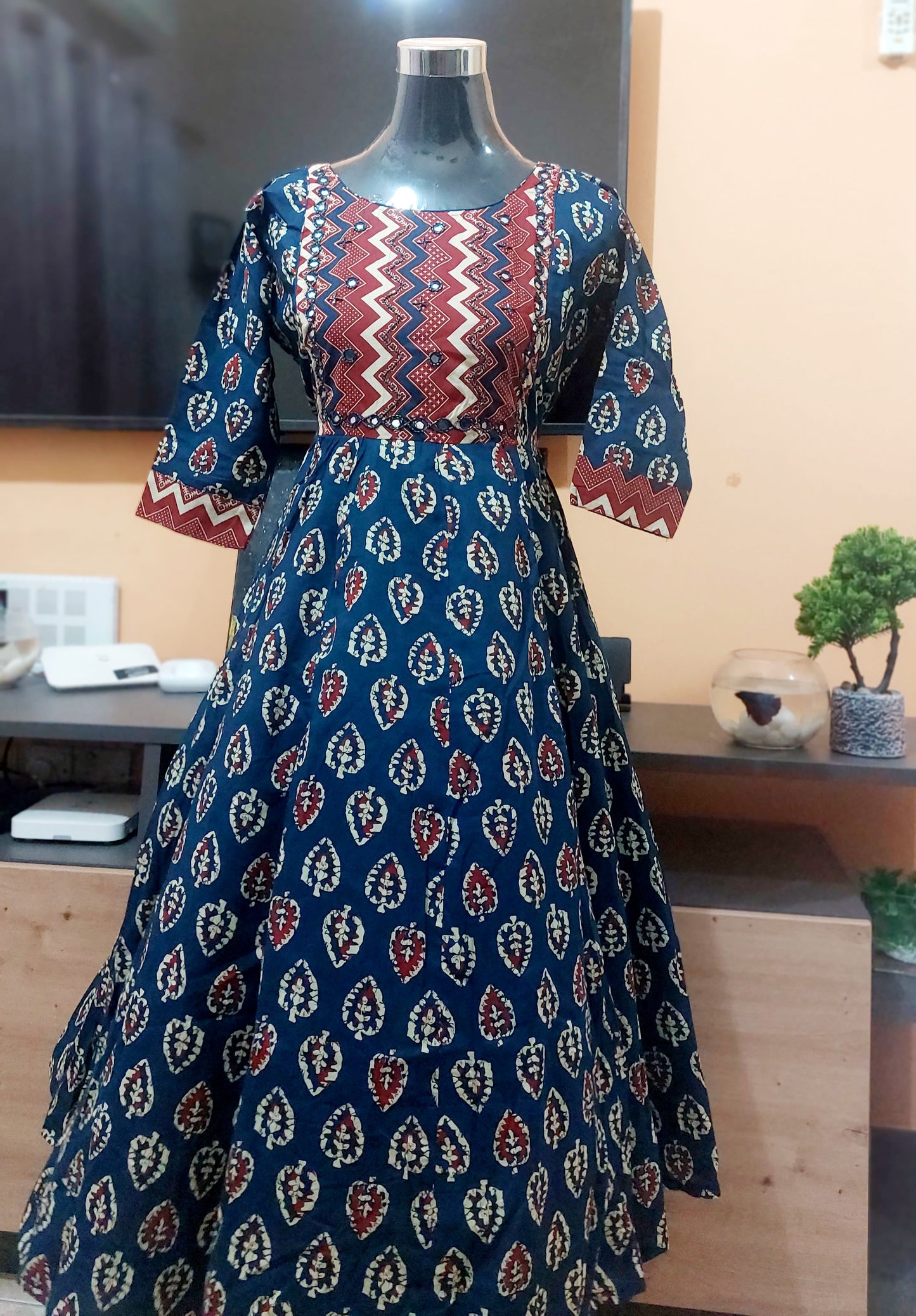 OS68 Cotton Aline kurti with ajrakh print and real mirror work on yoke