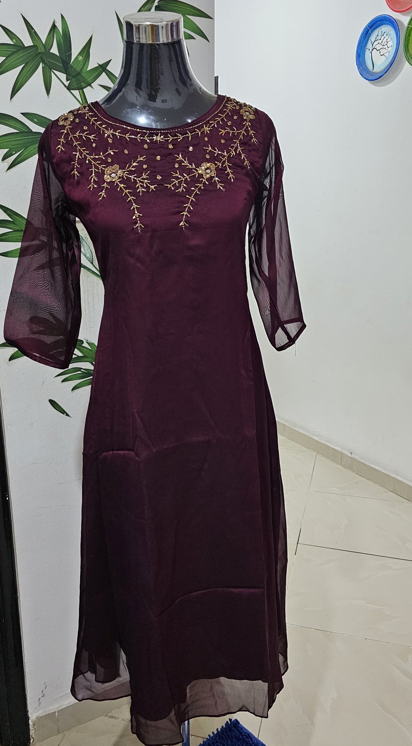 OS53. Beautiful Georgette silk Aline Kurti with Heavy Handwork on yoke!!!