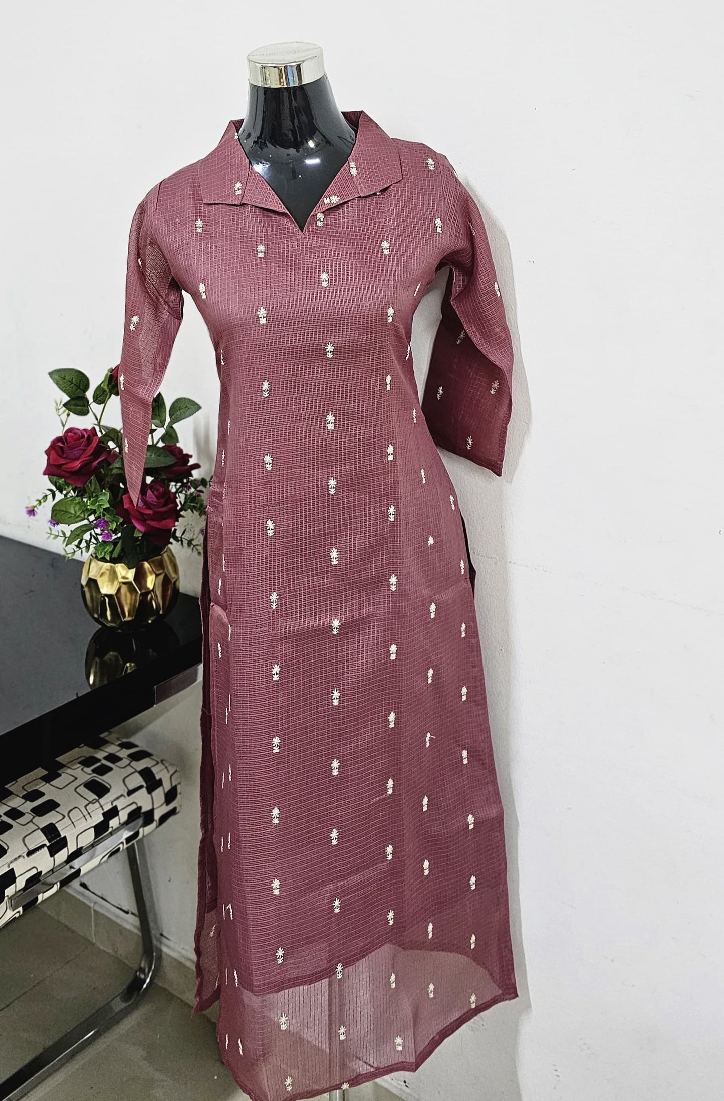 OS59 Beautiful Collar Neck Net Kota Slitted top with Lining!!!