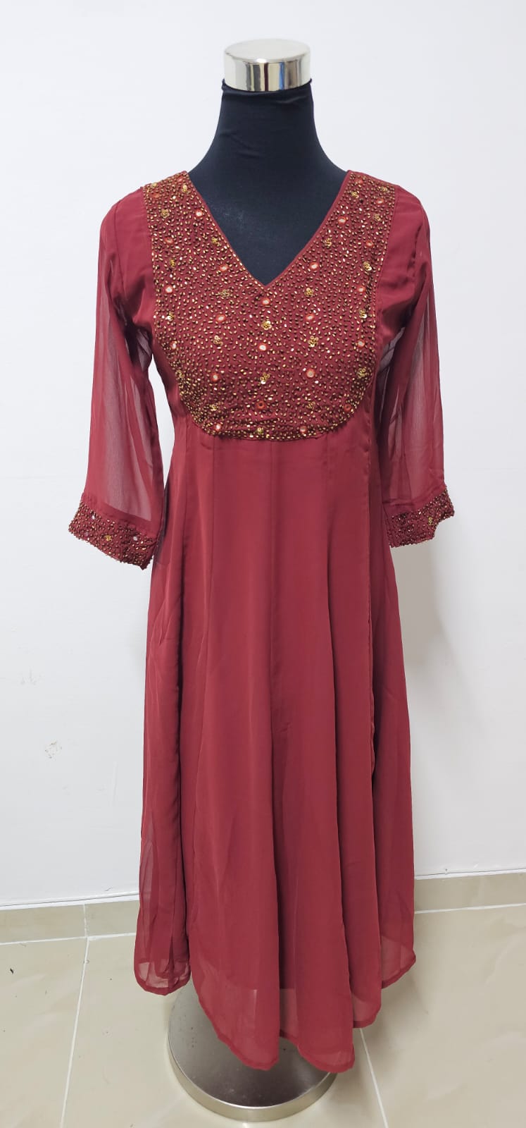 04FEB25. Premium Georgette Flare Top with Heavy Beads and Mirror work on the Yoke, and Hand Sleeves.