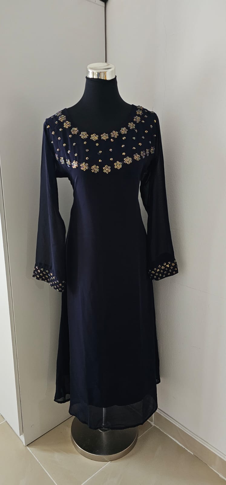 16FEB25.
Beautiful Georgette A line Top with Heavy Beads Work on the Yoke and Sleeves.