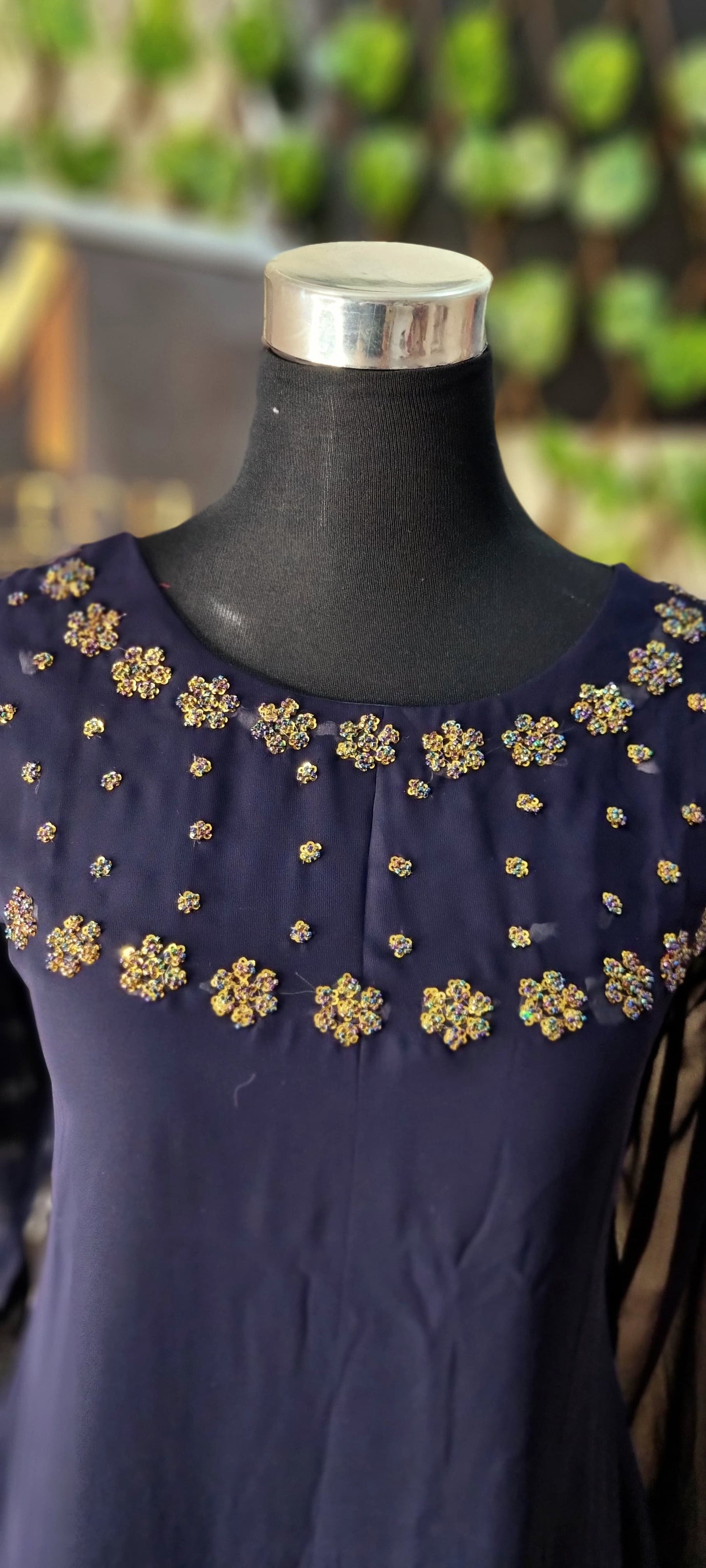 16FEB25.
Beautiful Georgette A line Top with Heavy Beads Work on the Yoke and Sleeves.