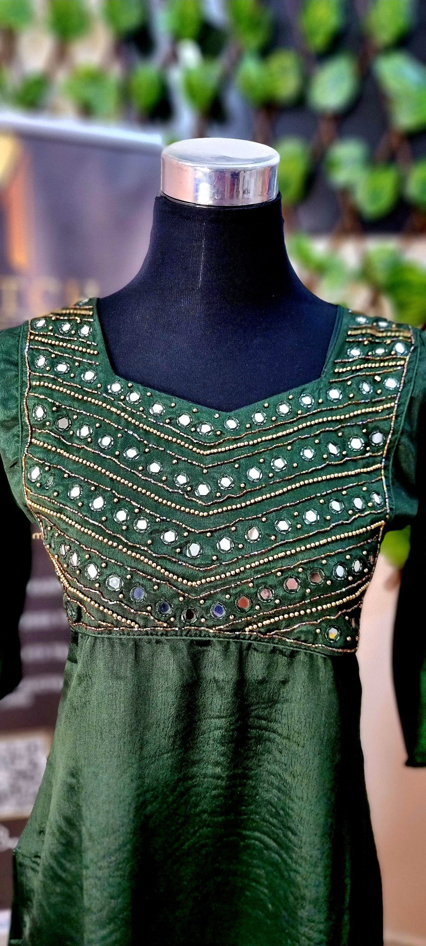 03APR25. Premium Semi Silk Slitted Top with Heavy Beads work and Mirror work on the Yoke.