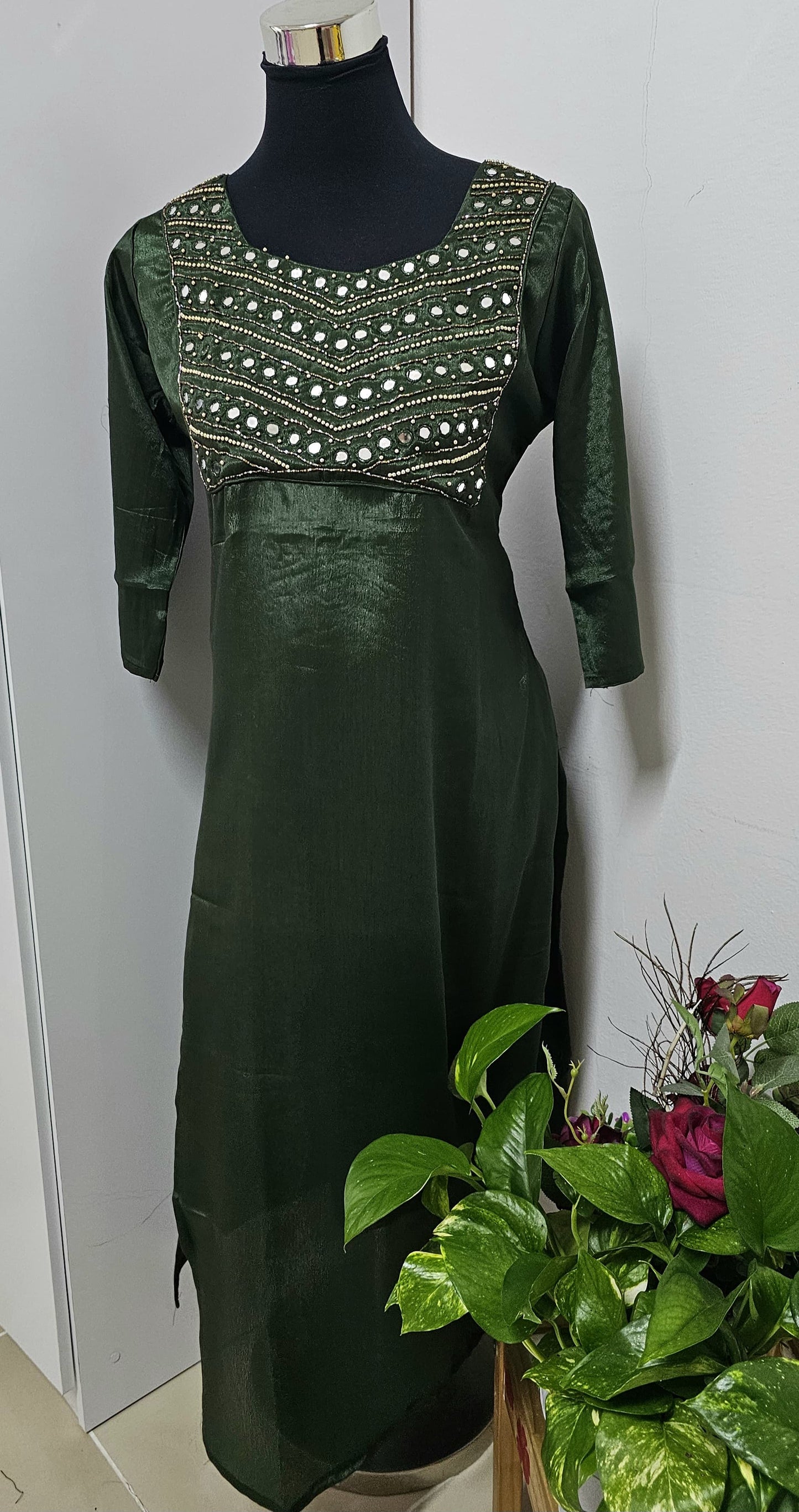 03APR25. Premium Semi Silk Slitted Top with Heavy Beads work and Mirror work on the Yoke.