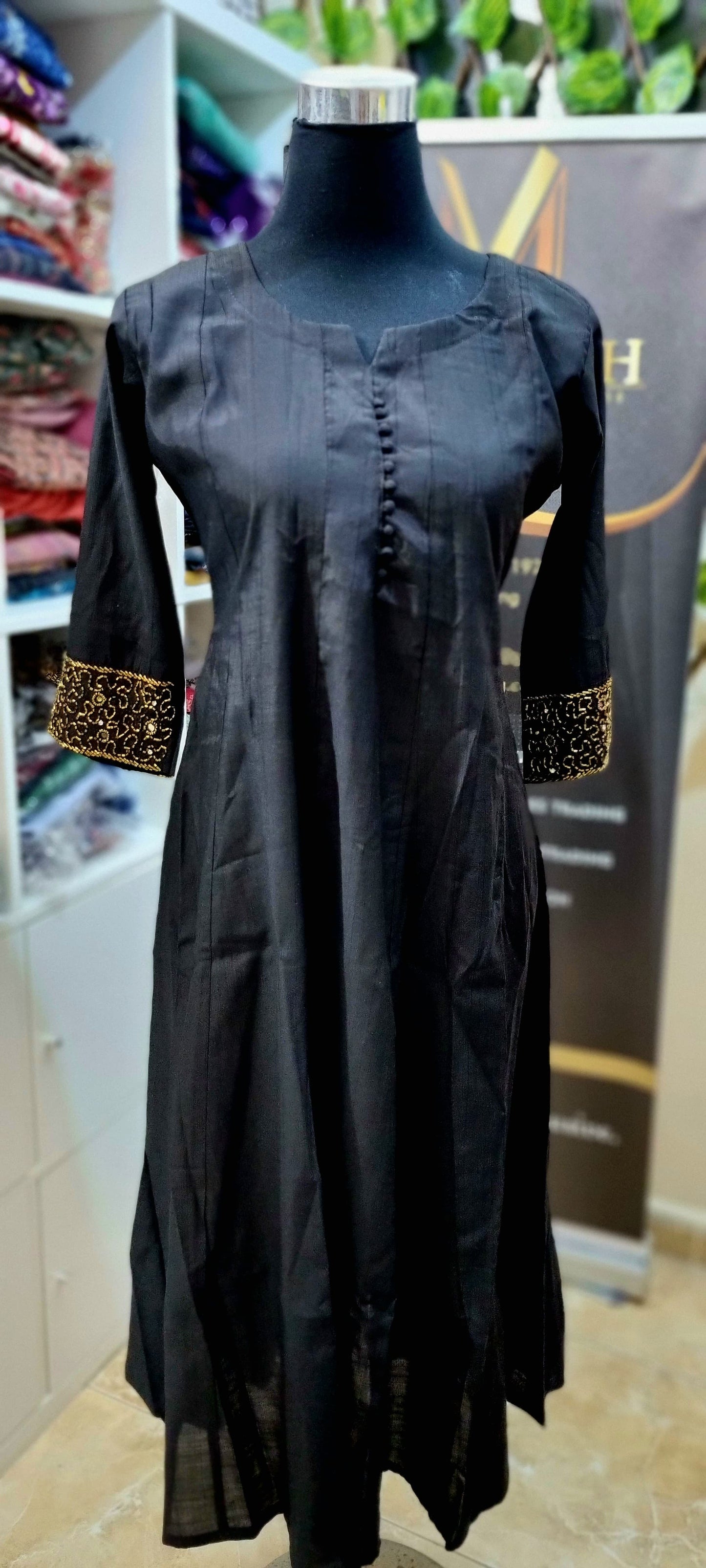 19MY25.Vartican Silk Panel Cut Aline Top with Heavy Handwork on the Sleeves.