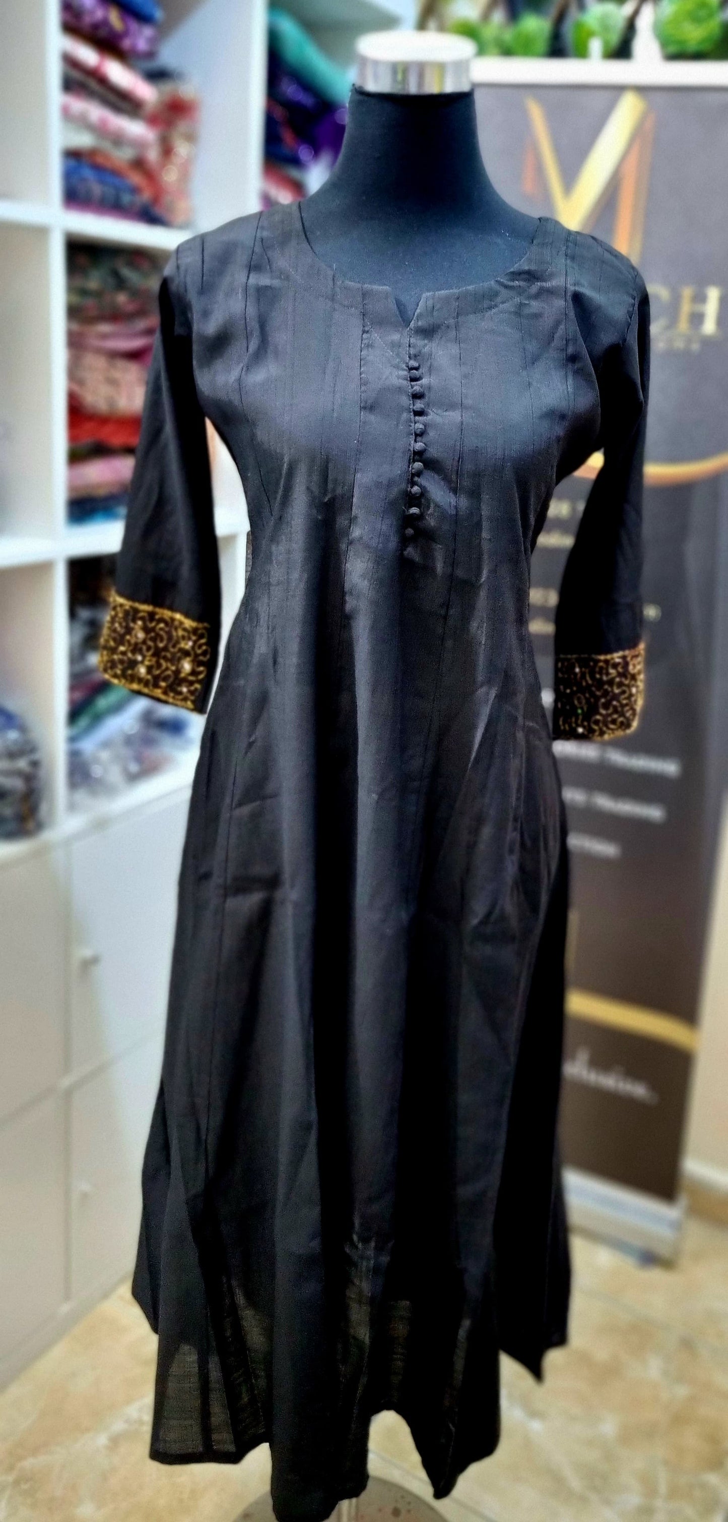 19MY25.Vartican Silk Panel Cut Aline Top with Heavy Handwork on the Sleeves.
