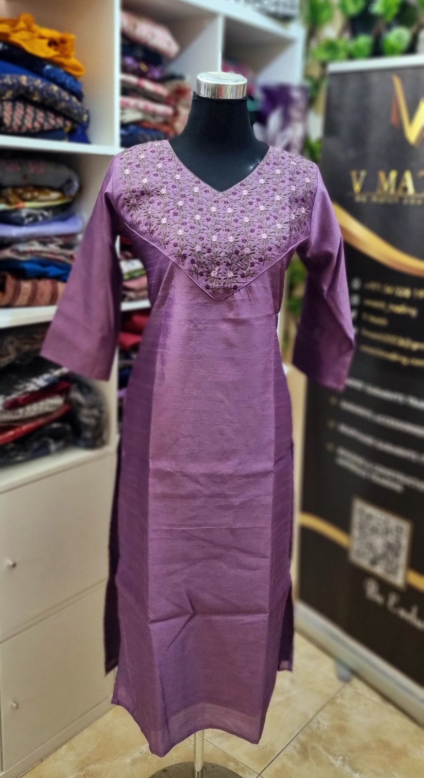 26MY25. Slub Cotton Slitted, Lining Top with Heavy Embroidery on the Yoke