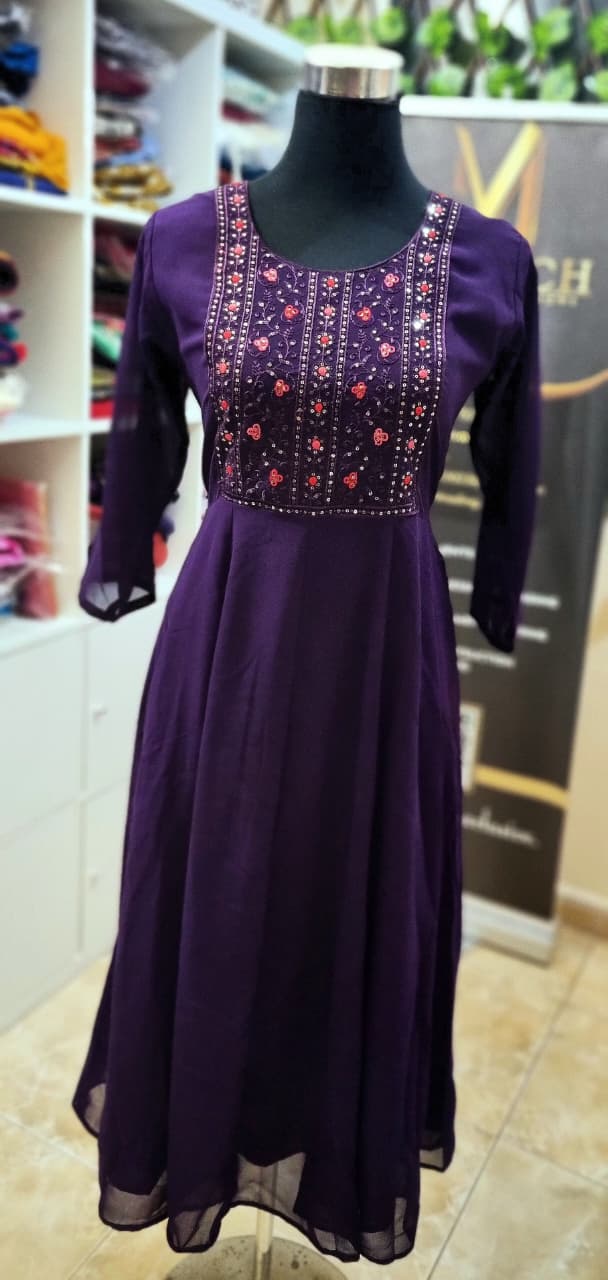 45AUG25.Georgette Frock with thread work and sequence work on the Yoke.