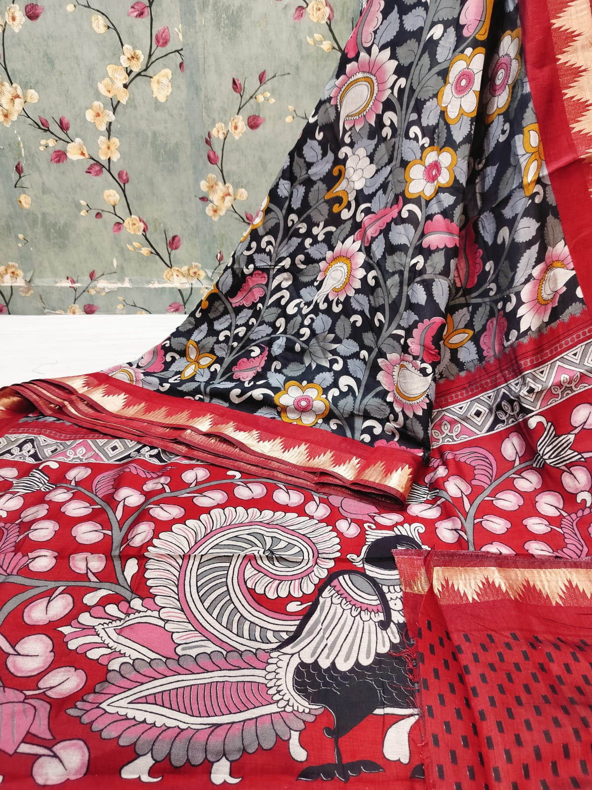 22AUG25.Exclusive Mangalore Kalamkari Print Viscose Temple design border saree with attached BP