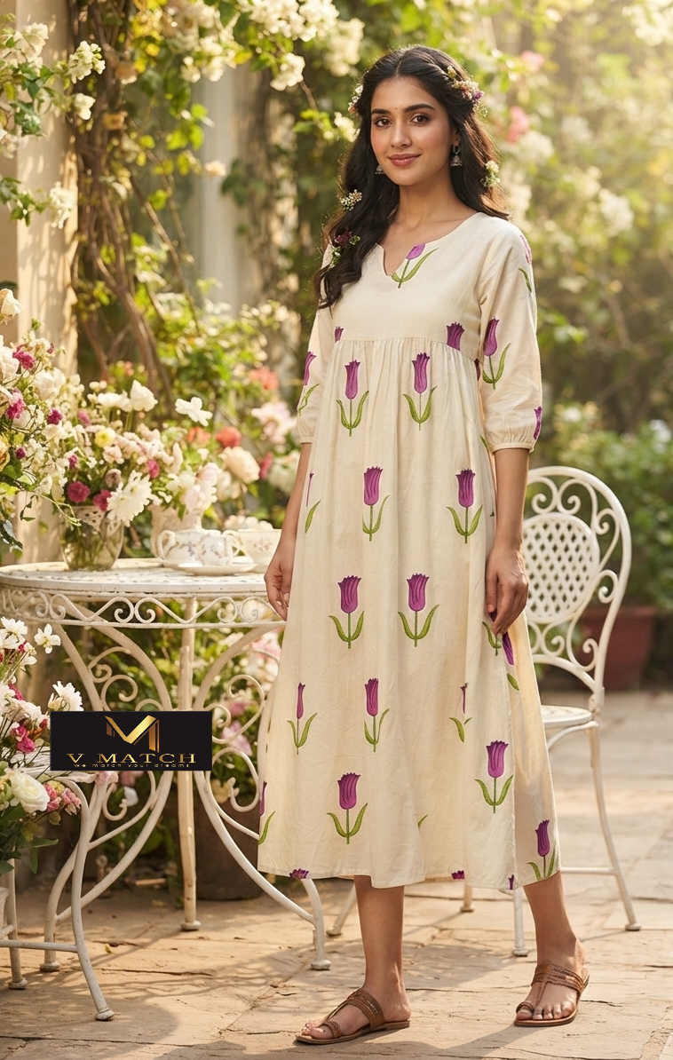 7726.Tulip Print Pleated Cotton A Line Top.