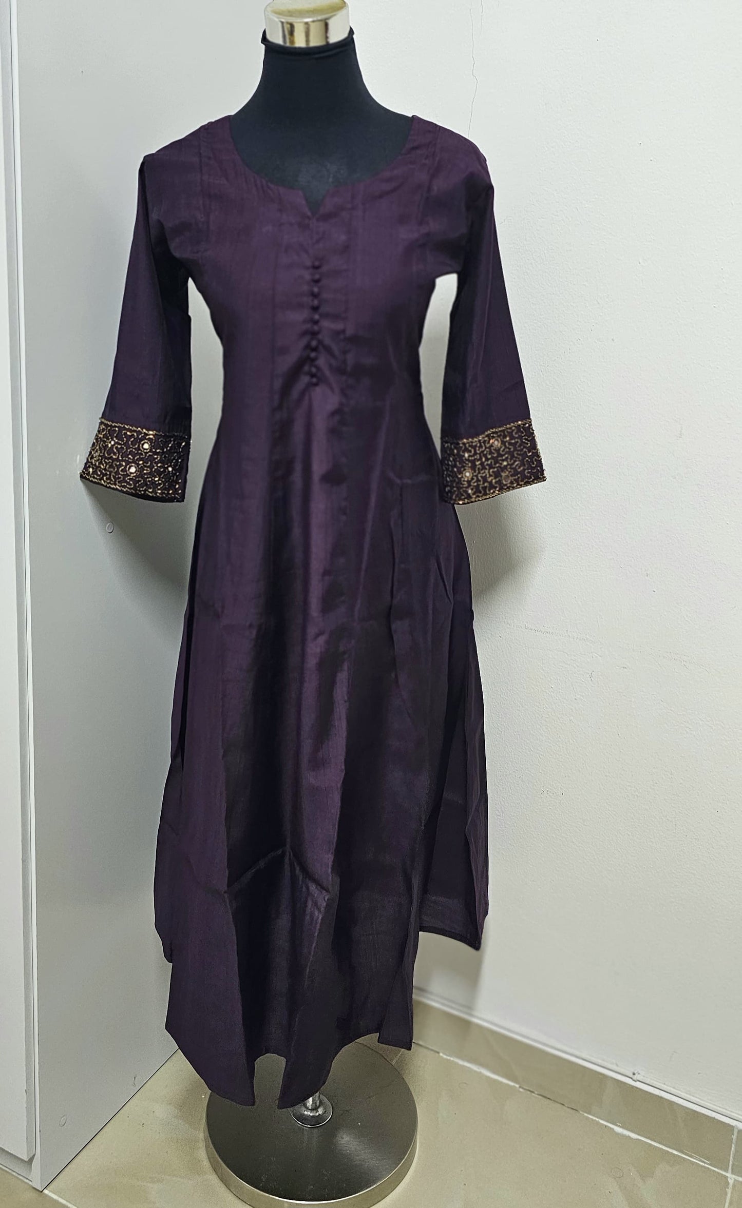 19MY25.Vartican Silk Panel Cut Aline Top with Heavy Handwork on the Sleeves.