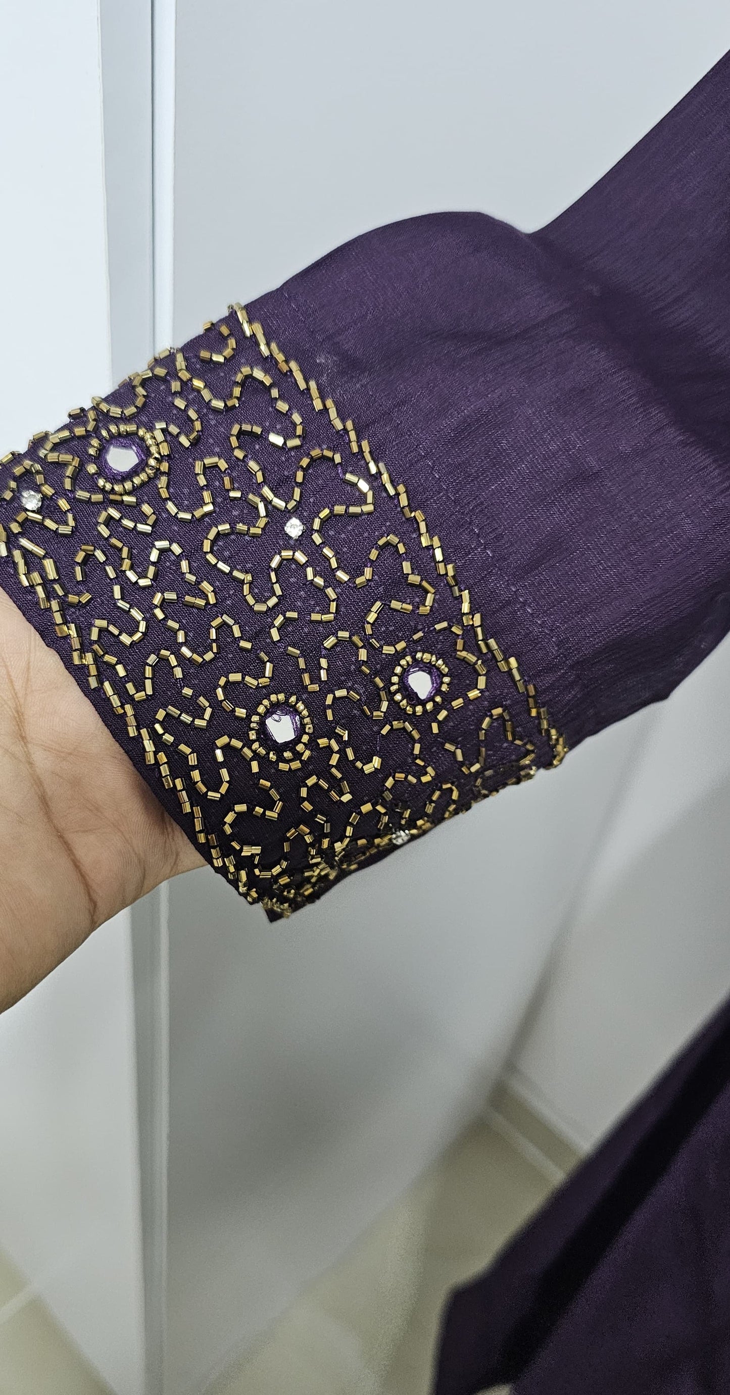 19MY25.Vartican Silk Panel Cut Aline Top with Heavy Handwork on the Sleeves.