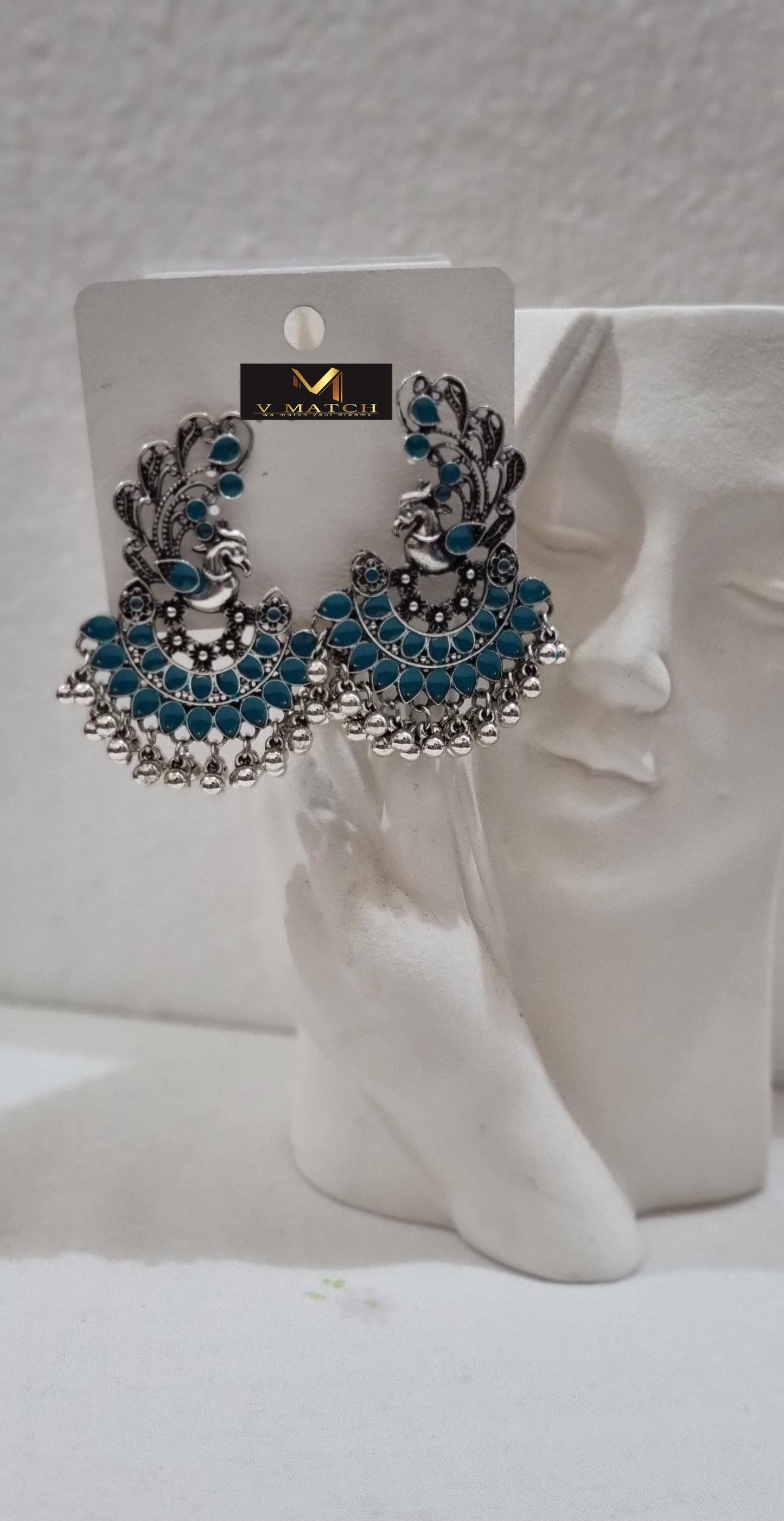 AC 8ER25. Silver Plated Peacock Designed Enamel Artwork With Beads Fashion Antique Earring.