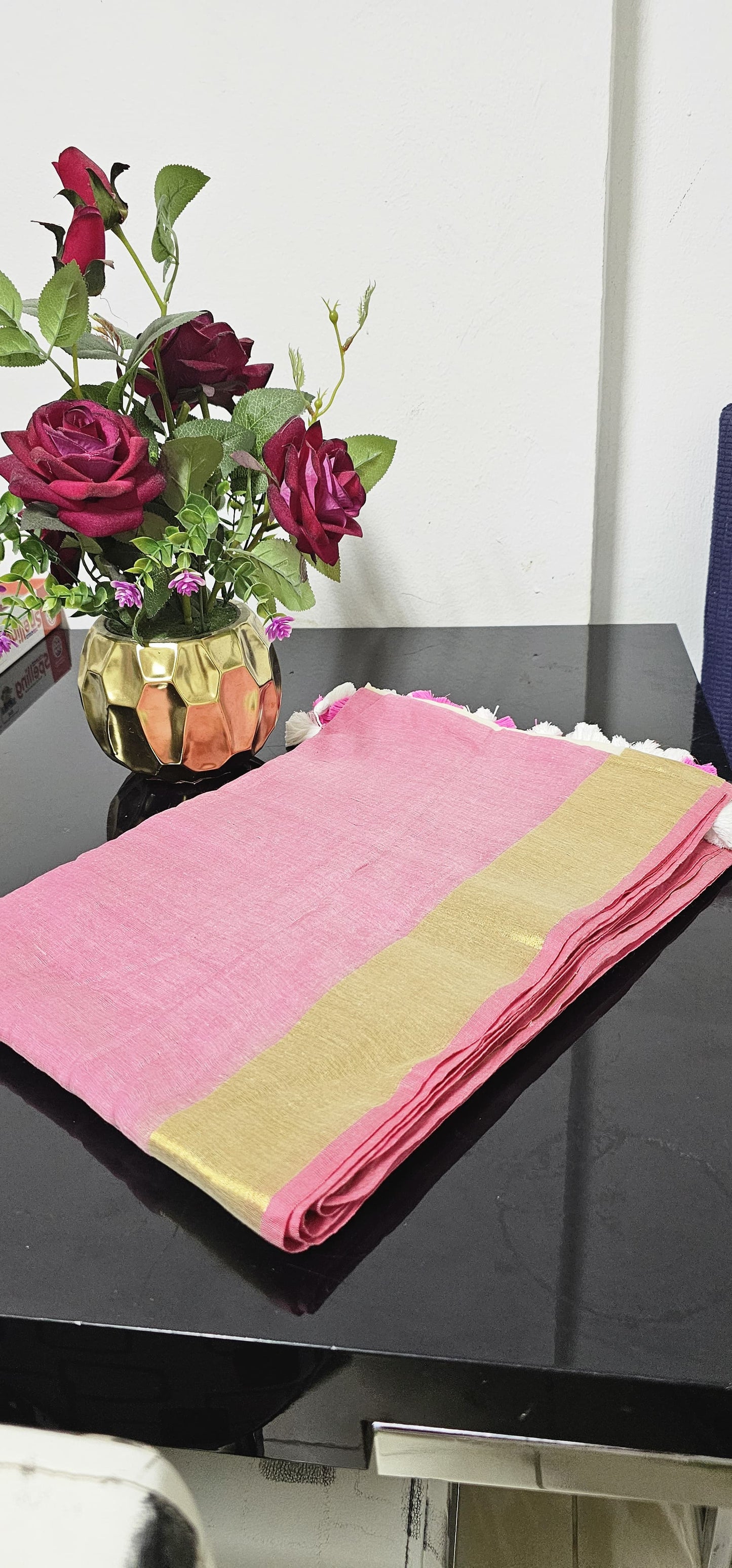 26AUG25. Mulcotton Saree with a pop of pink and gold.