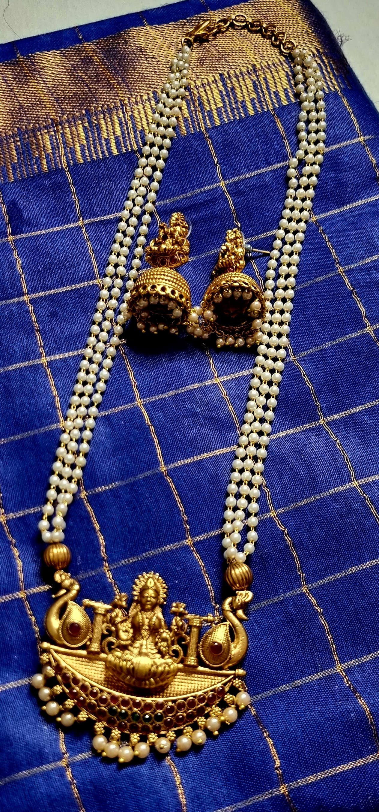 AC6SET. Antique Lakshmi Long Haram with Matching Jhumkas