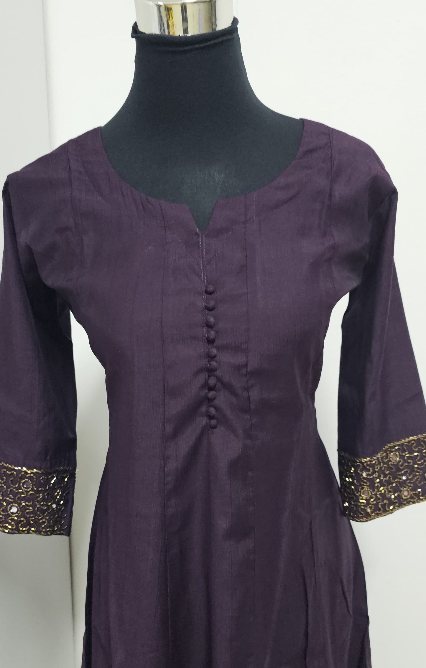 19MY25.Vartican Silk Panel Cut Aline Top with Heavy Handwork on the Sleeves.