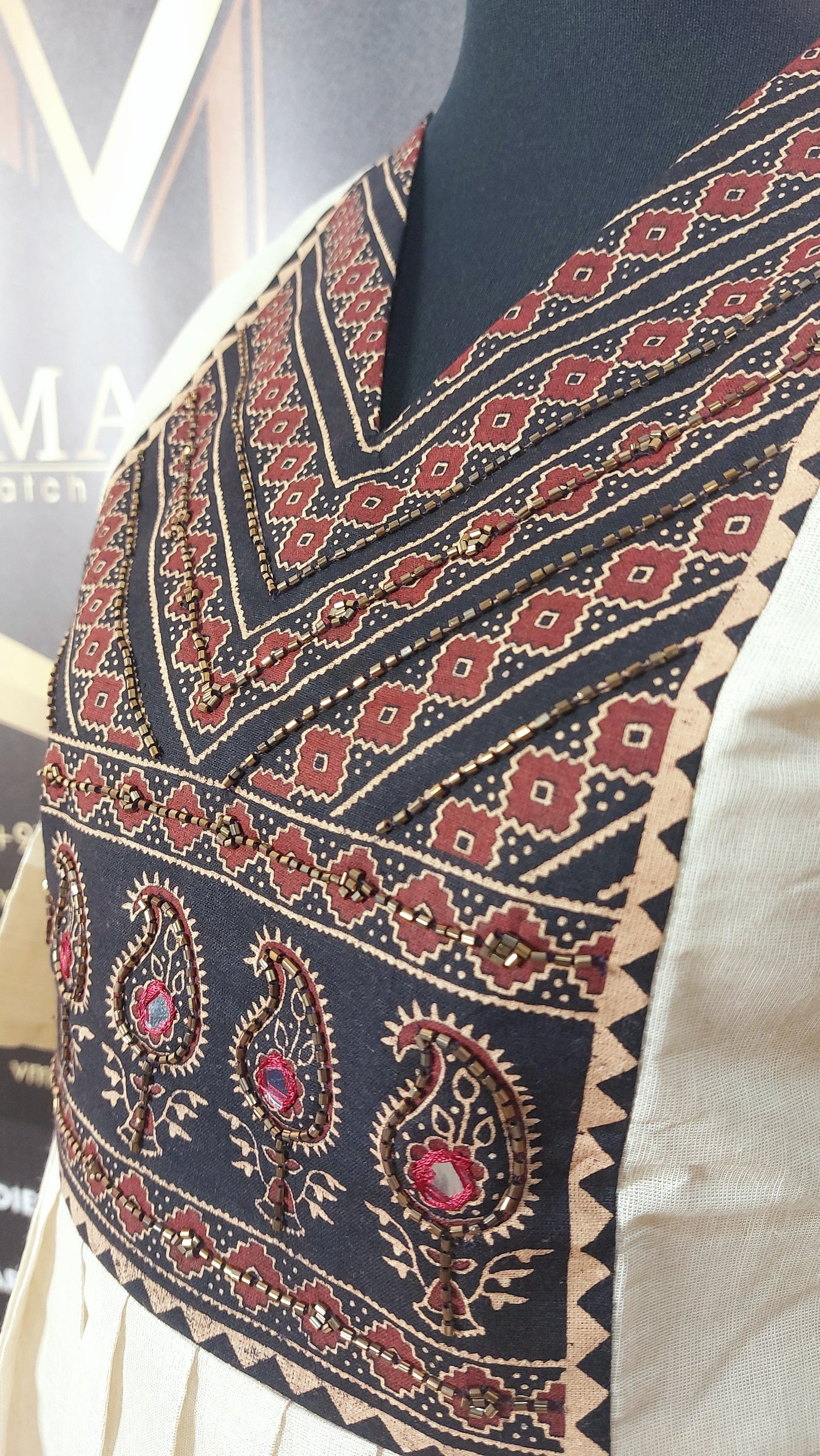 2SP24.Beautiful Soft tissue Anarkali Kurti with Ajrakh patch , bead and mirror work on yoke!!!