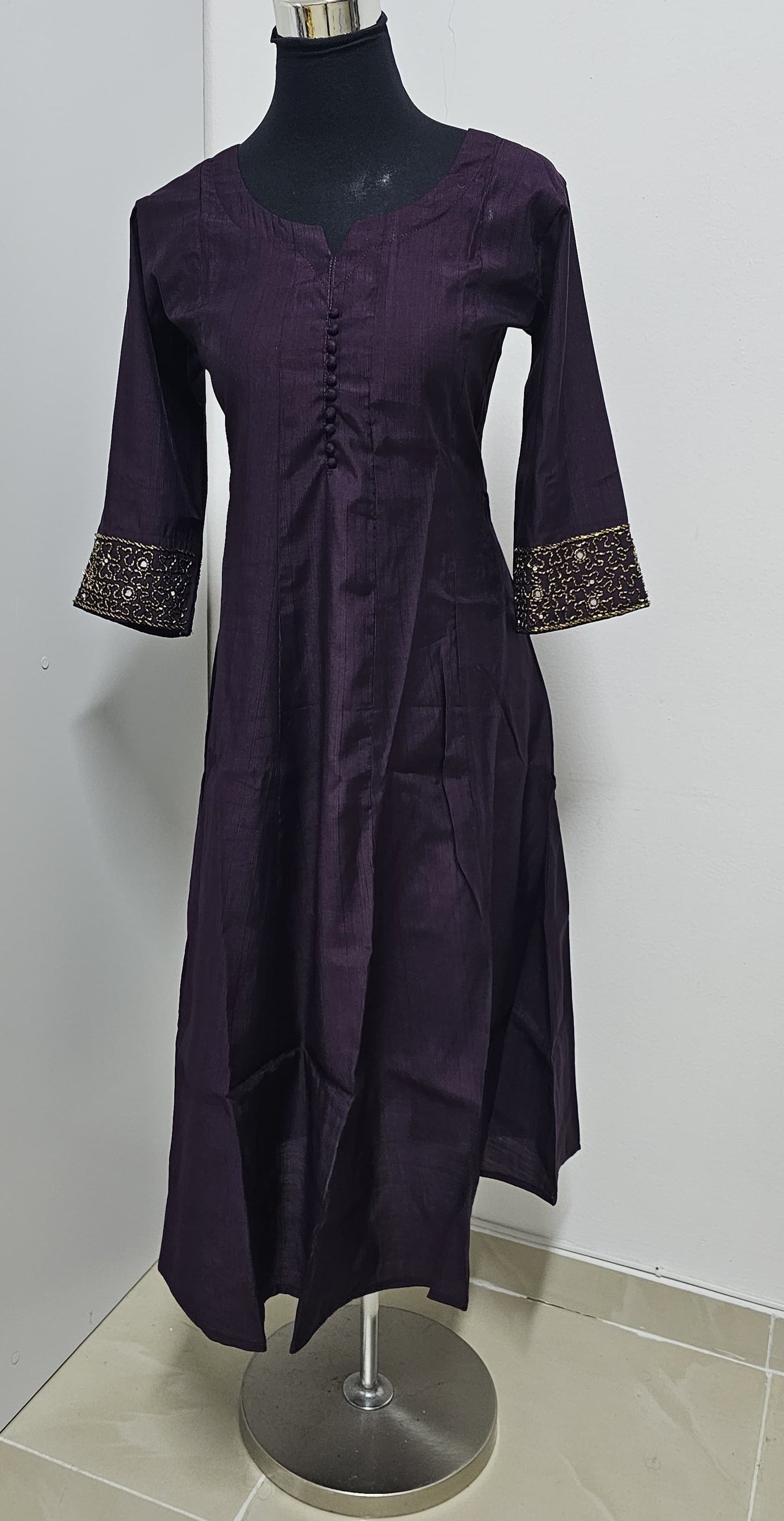 19MY25.Vartican Silk Panel Cut Aline Top with Heavy Handwork on the Sleeves.