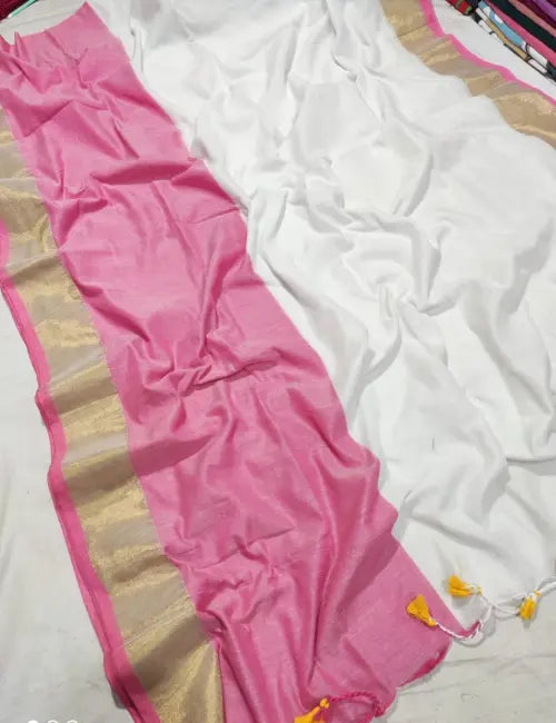 26AUG25. Mulcotton Saree with a pop of pink and gold.