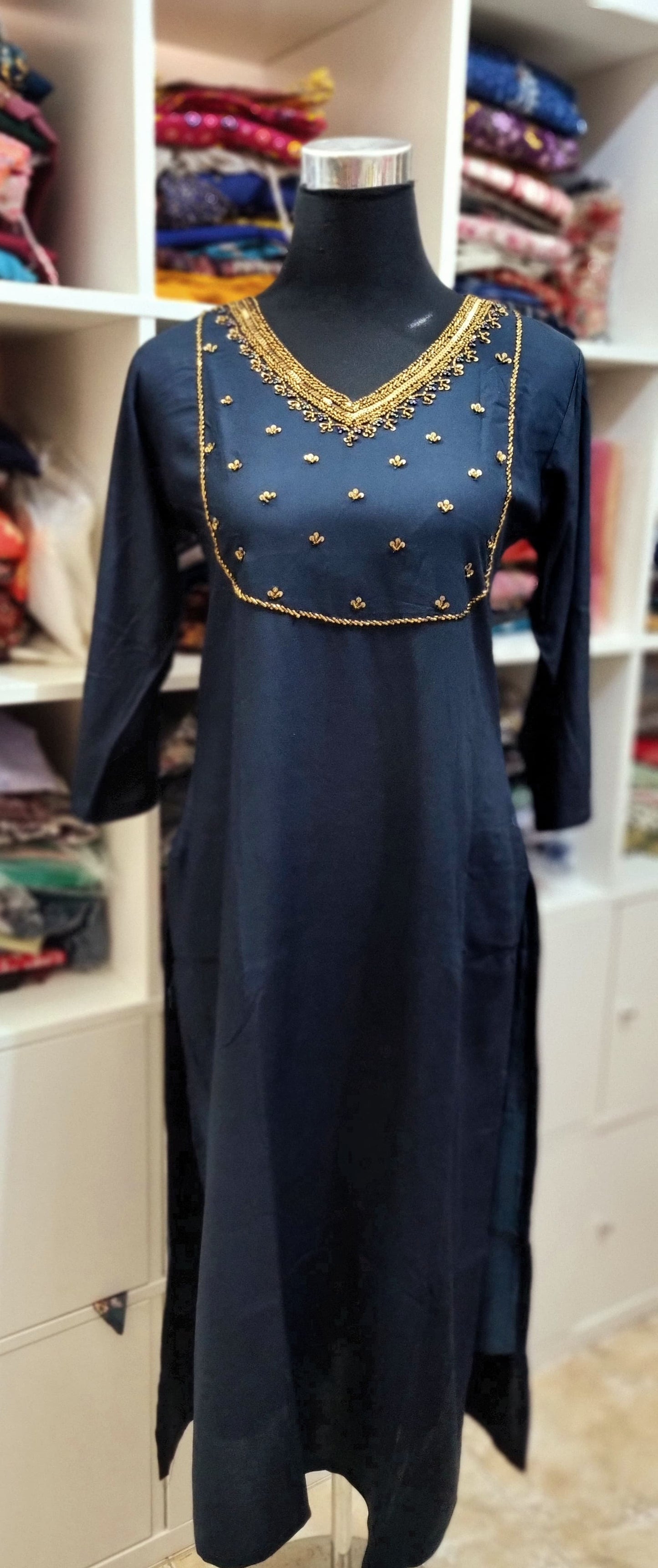 20MY25. Premium Rayon Partywear Slitted Top with Heavy Beads work on the Yoke