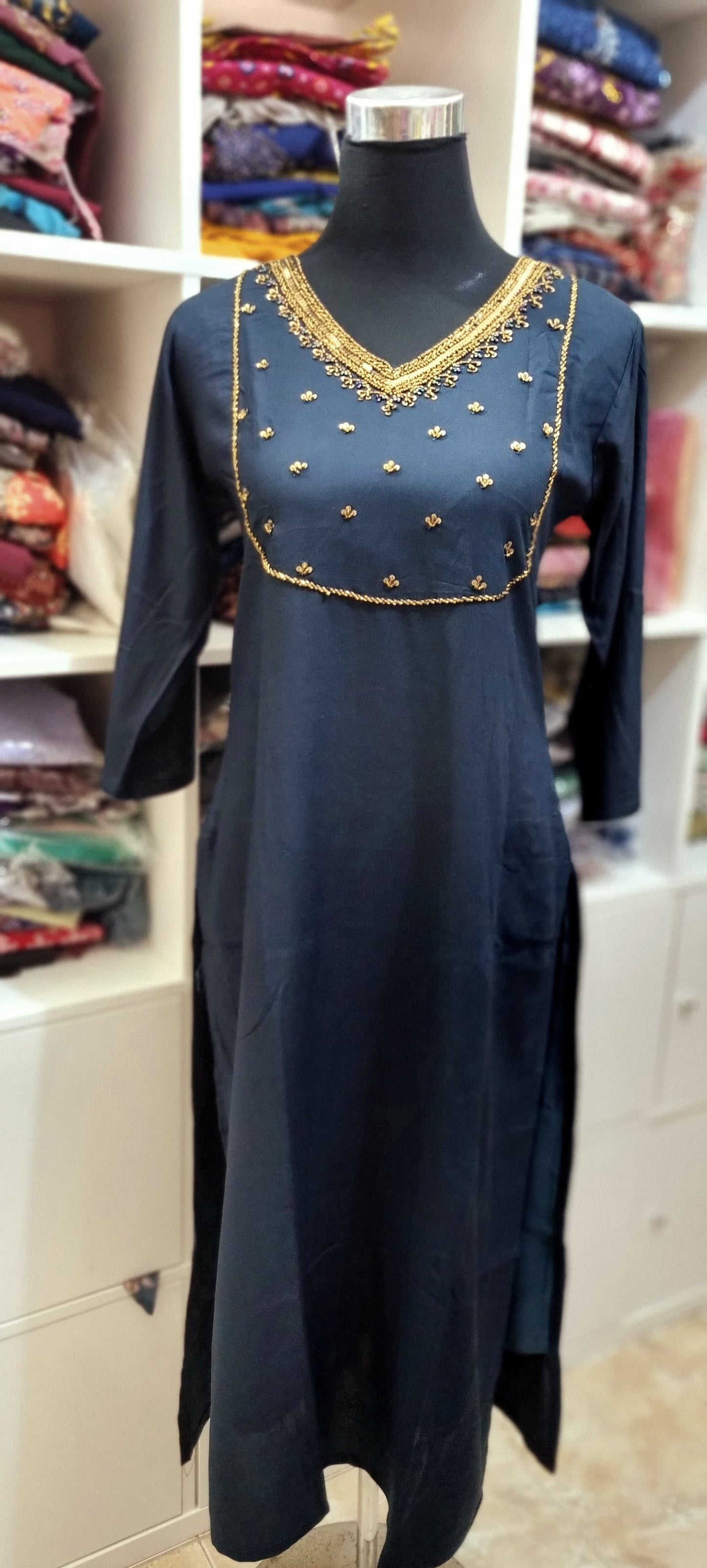 20MY25. Premium Rayon Partywear Slitted Top with Heavy Beads work on the Yoke