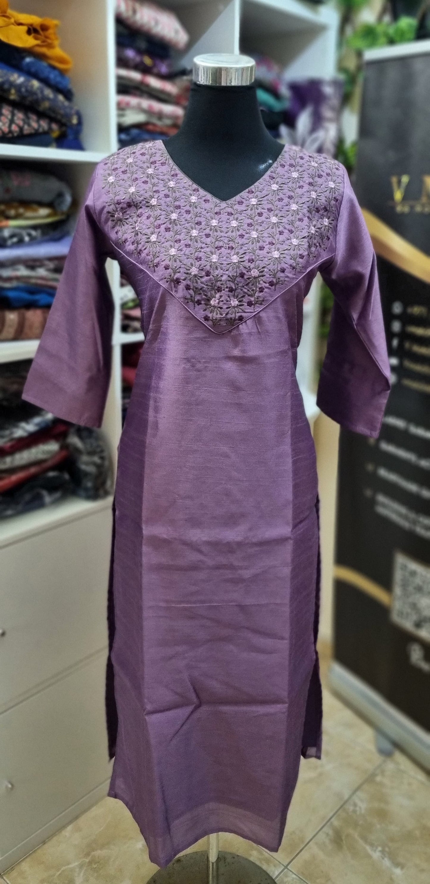 26MY25. Slub Cotton Slitted, Lining Top with Heavy Embroidery on the Yoke