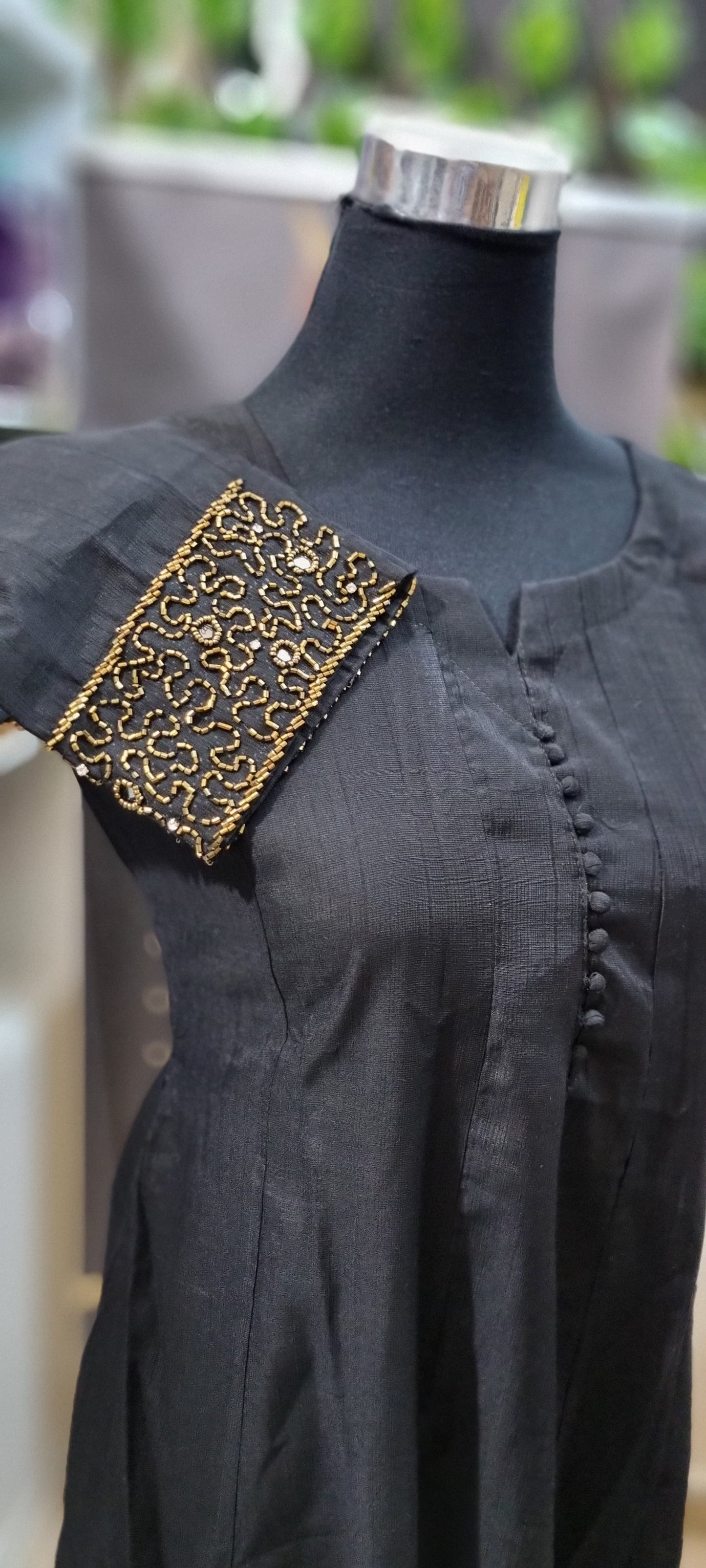 19MY25.Vartican Silk Panel Cut Aline Top with Heavy Handwork on the Sleeves.