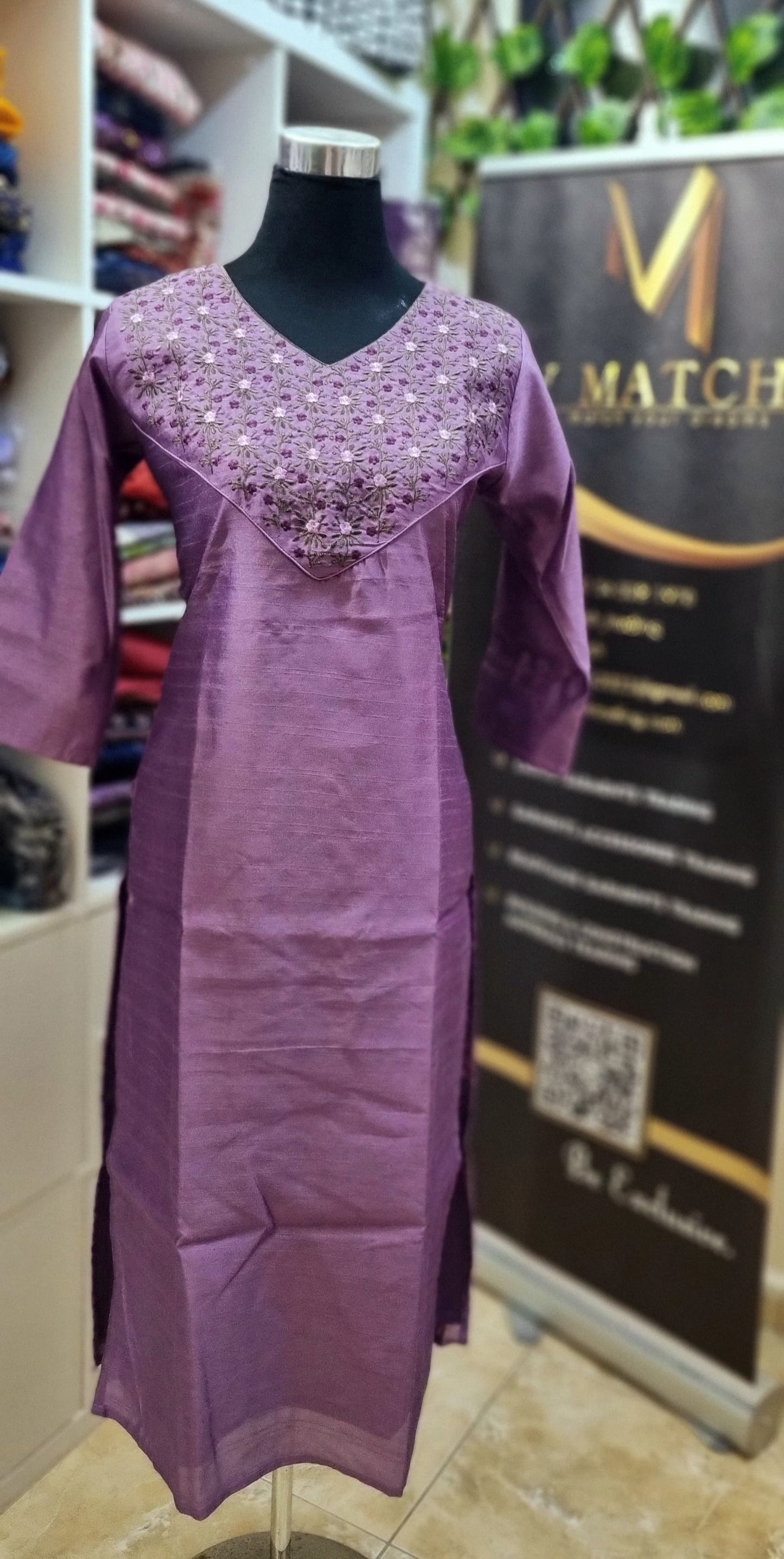 26MY25. Slub Cotton Slitted, Lining Top with Heavy Embroidery on the Yoke
