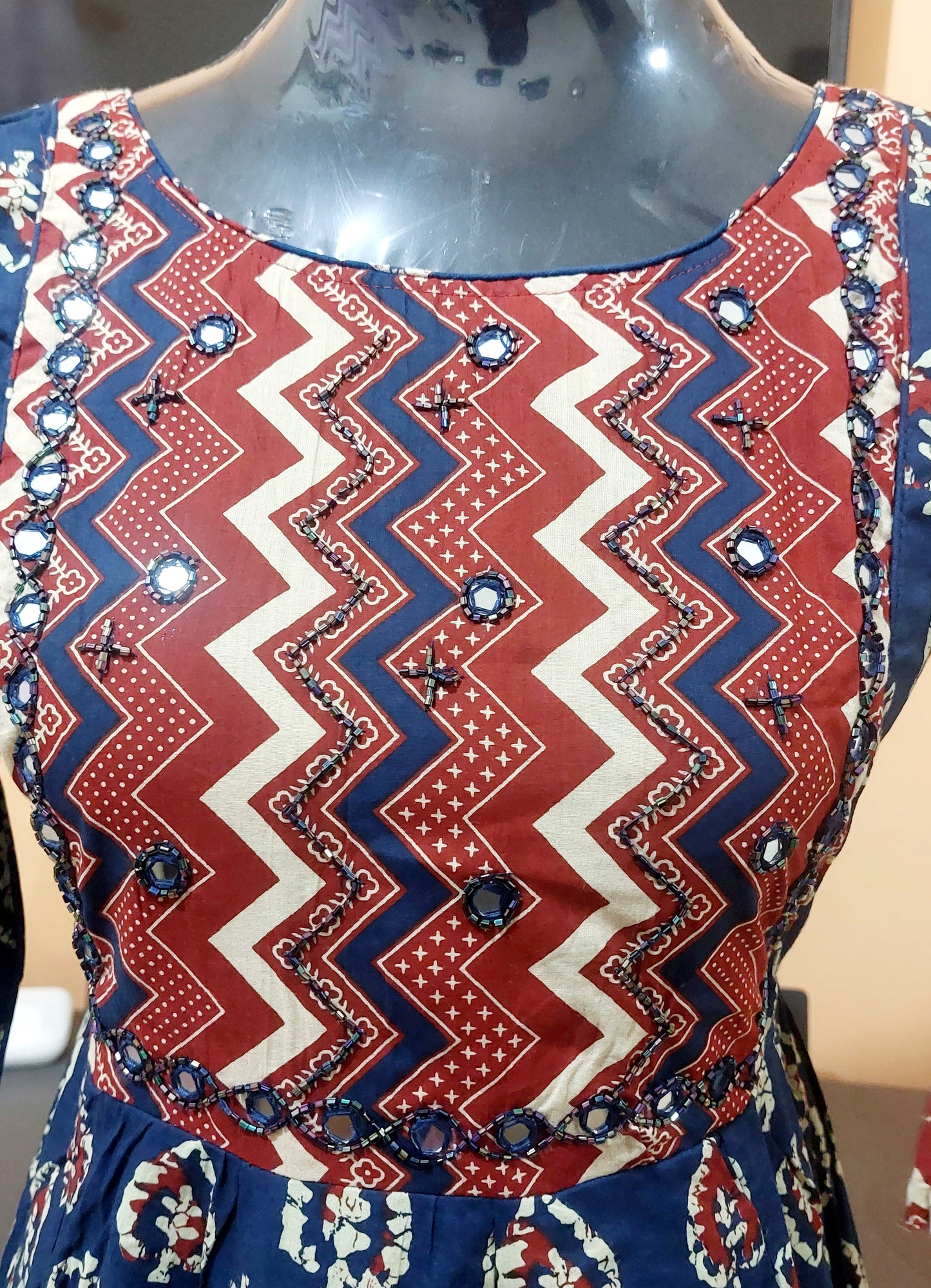 OS68 Cotton Aline kurti with ajrakh print and real mirror work on yoke
