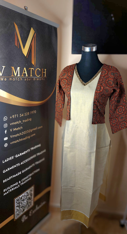 6SP24.Beautiful Cotton Slitted top with Separate Kantha Stitched  Ajrakh Print Jacket!!!