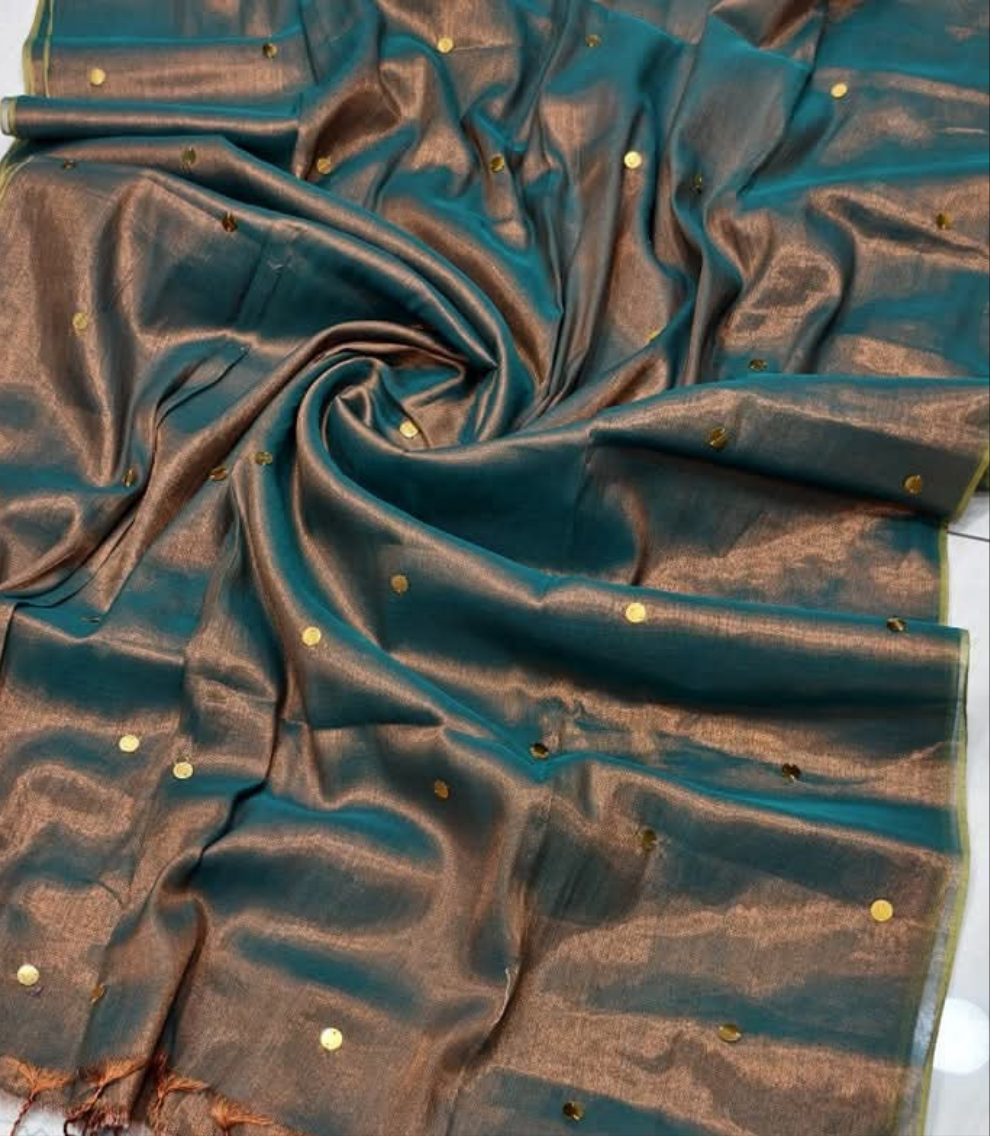 37SEP25. Patina Green Tissue by Tissue Saree with Tikki Work.