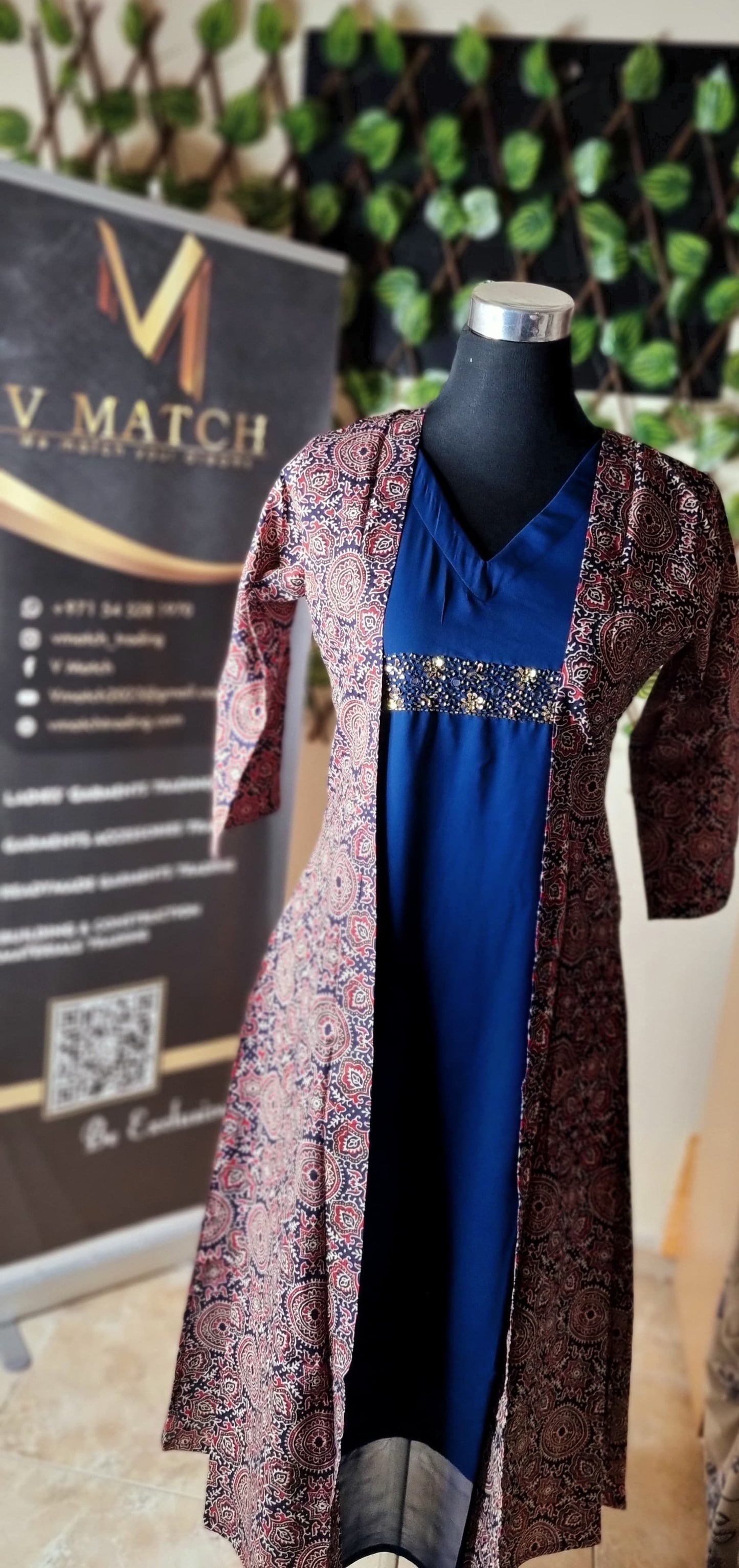 18FEB25. Beautiful Georgette A line inner with Beads Work And Cotton Ajrakh Print Jacket.