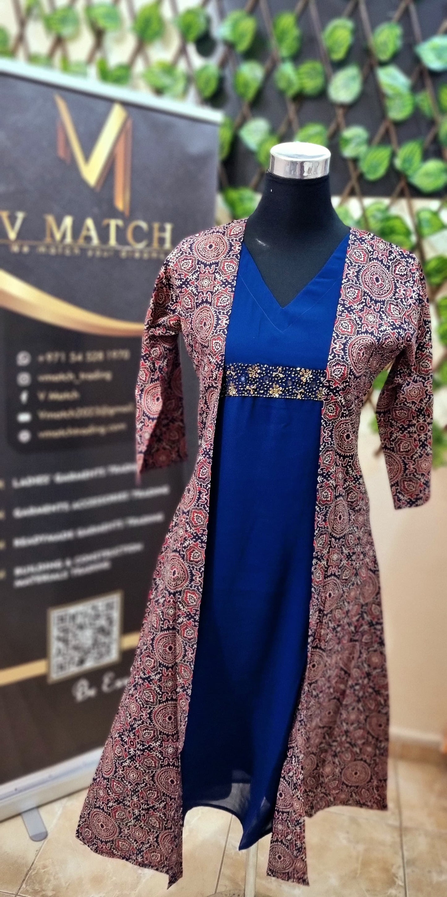 18FEB25. Beautiful Georgette A line inner with Beads Work And Cotton Ajrakh Print Jacket.