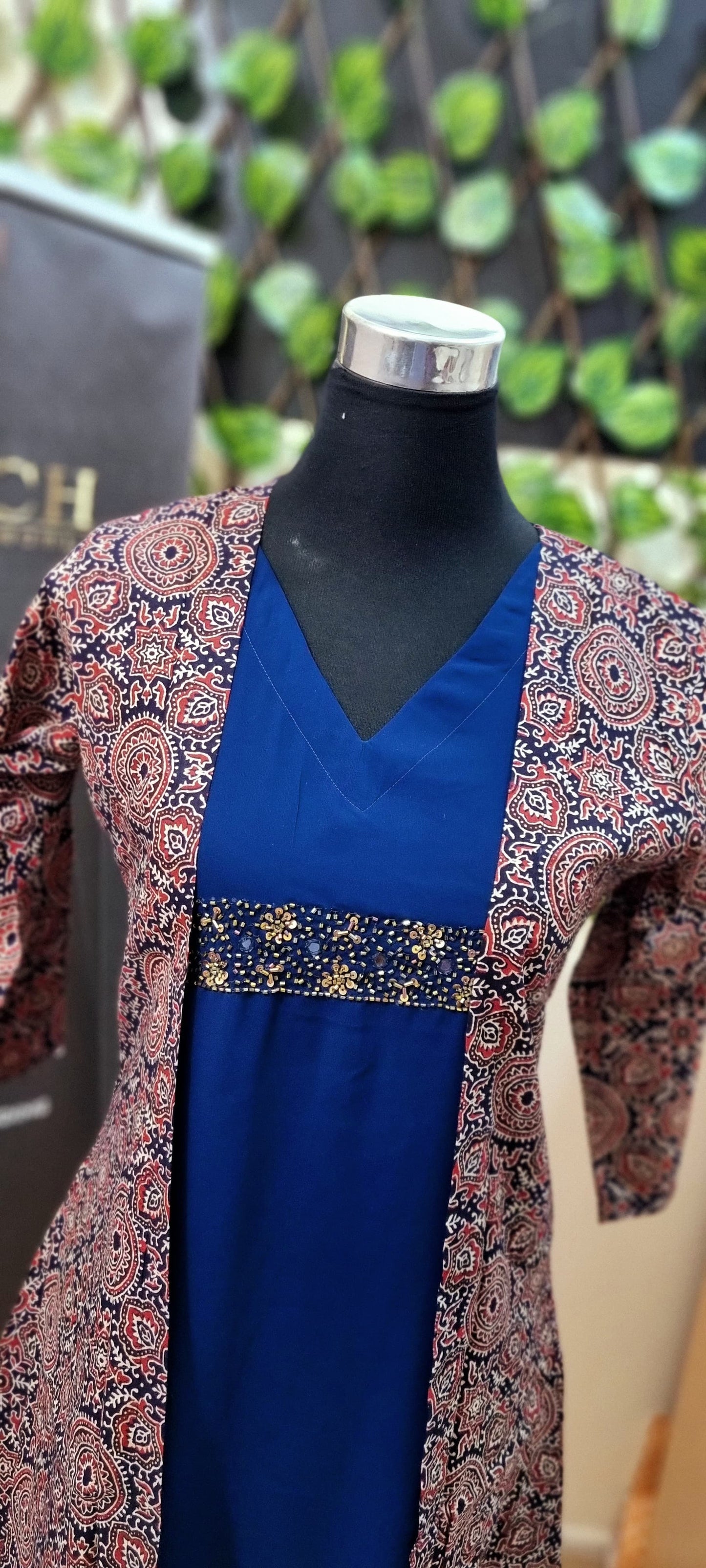 18FEB25. Beautiful Georgette A line inner with Beads Work And Cotton Ajrakh Print Jacket.