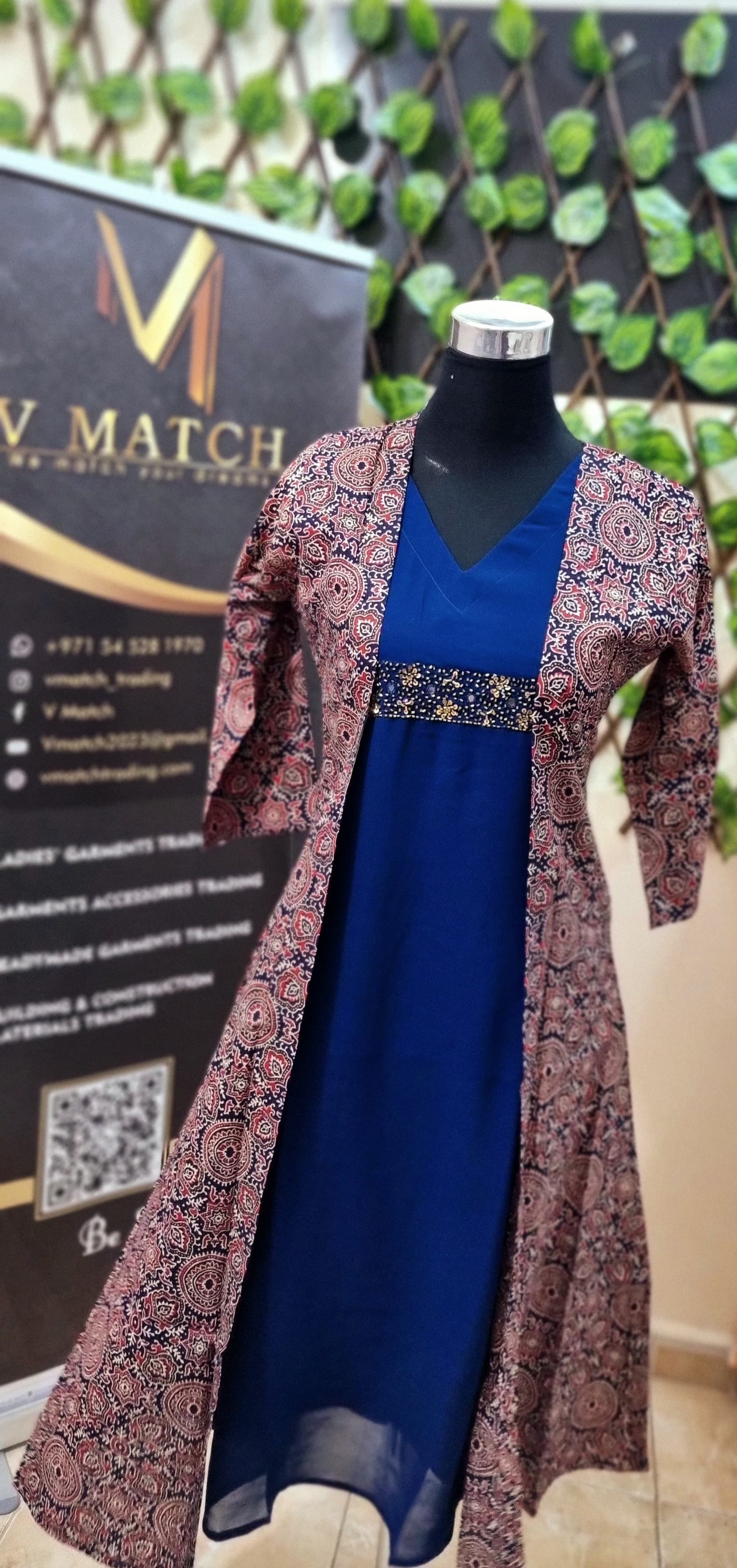 18FEB25. Beautiful Georgette A line inner with Beads Work And Cotton Ajrakh Print Jacket.