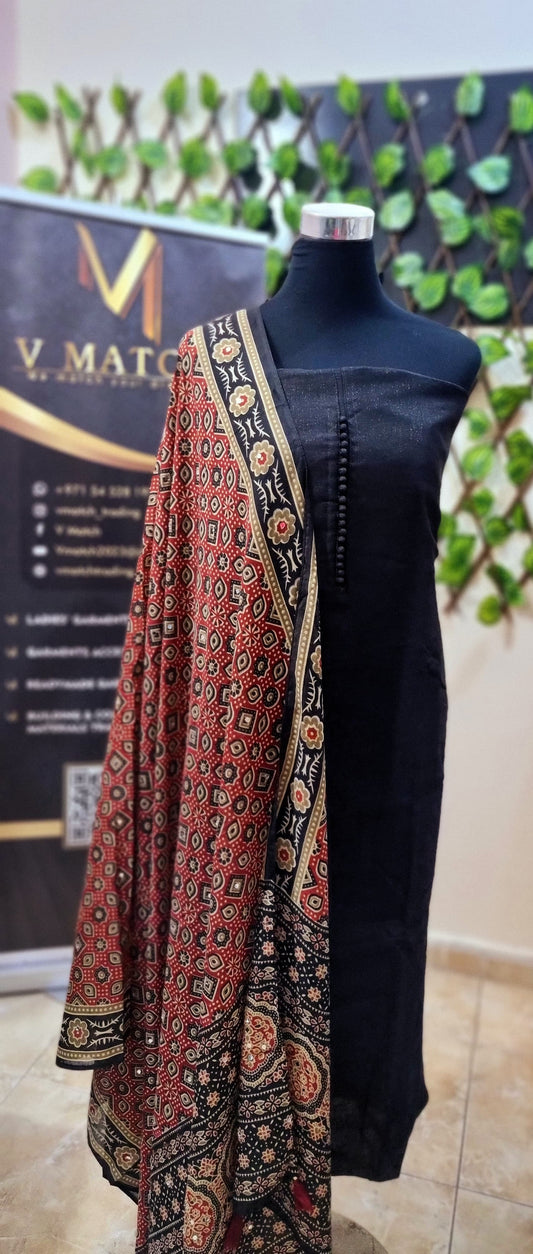 17APR25. Semi Silk Material with Shantoon Lining,  Ajrakh Muslin Silk dupatta with mirror work, and Shantoon Pant (3 Piece Material)
