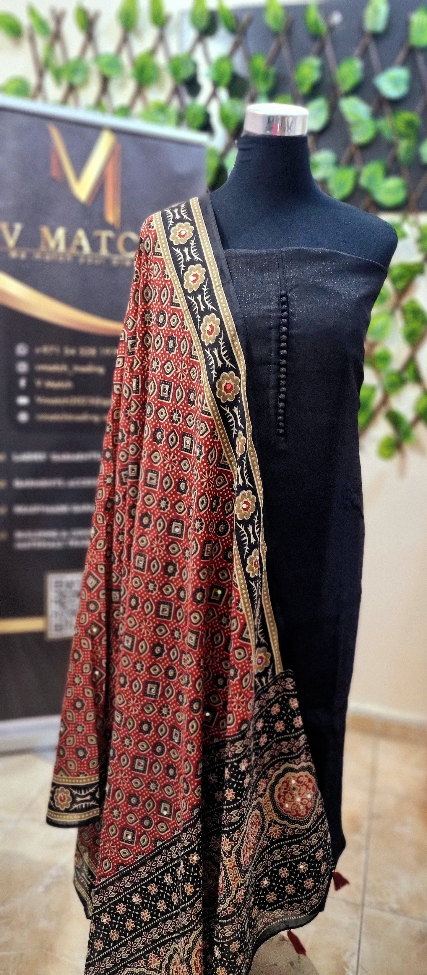17APR25. Semi Silk Material with Shantoon Lining,  Ajrakh Muslin Silk dupatta with mirror work, and Shantoon Pant (3 Piece Material)