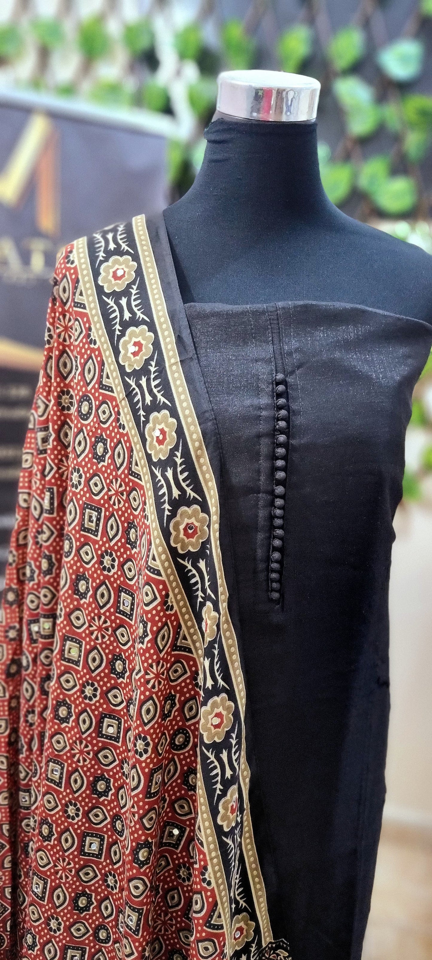 17APR25. Semi Silk Material with Shantoon Lining,  Ajrakh Muslin Silk dupatta with mirror work, and Shantoon Pant (3 Piece Material)