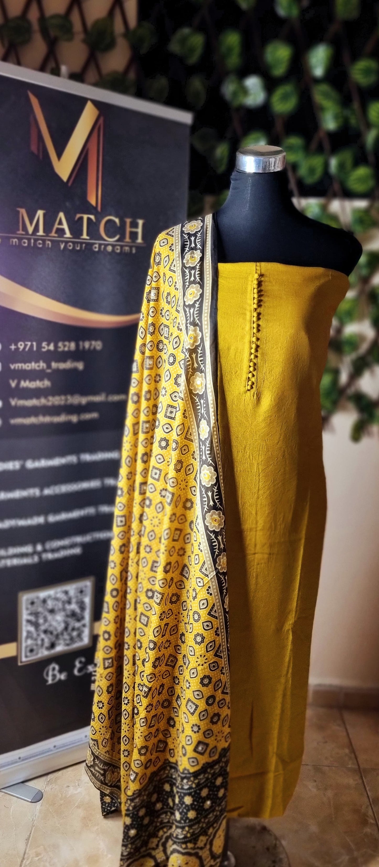 17APR25. Semi Silk Material with Shantoon Lining,  Ajrakh Muslin Silk dupatta with mirror work, and Shantoon Pant (3 Piece Material)