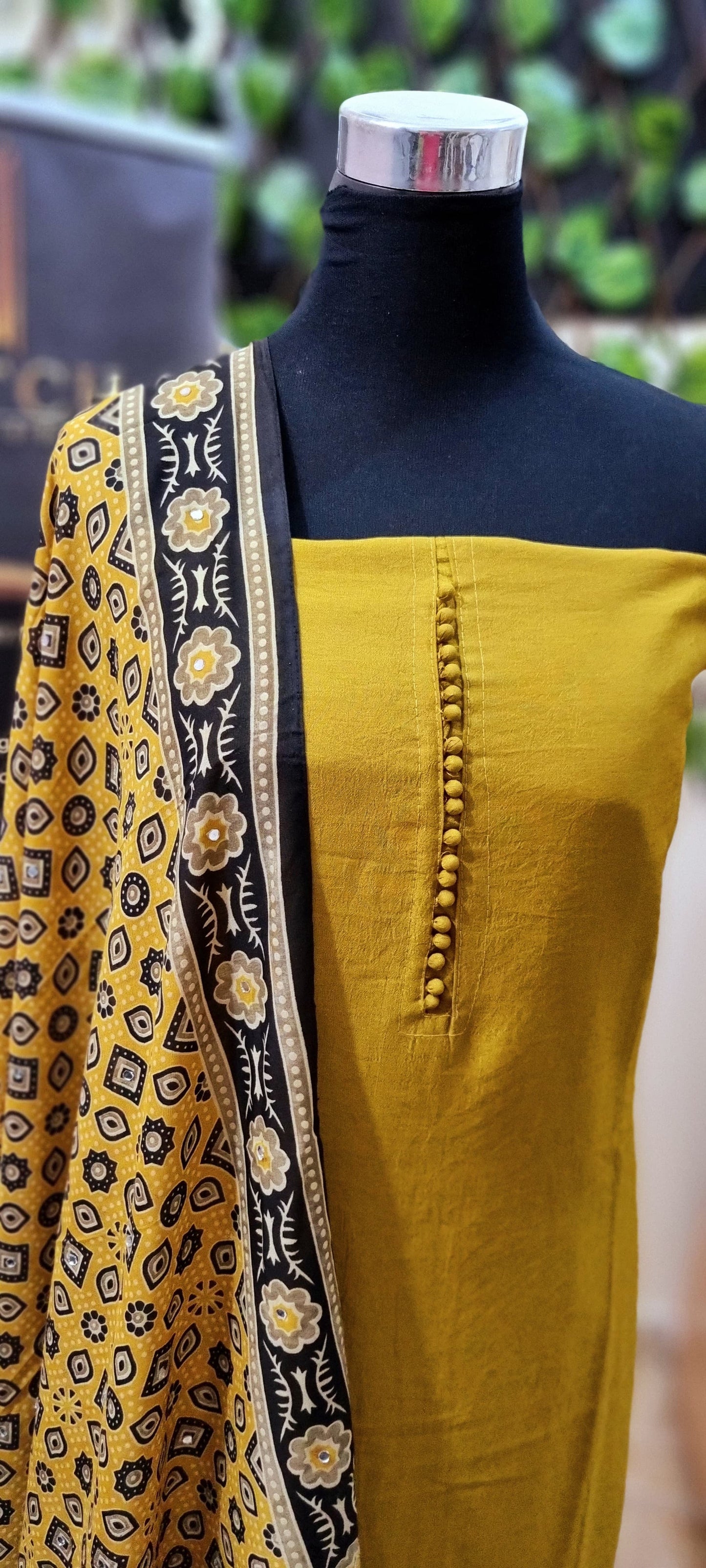 17APR25. Semi Silk Material with Shantoon Lining,  Ajrakh Muslin Silk dupatta with mirror work, and Shantoon Pant (3 Piece Material)
