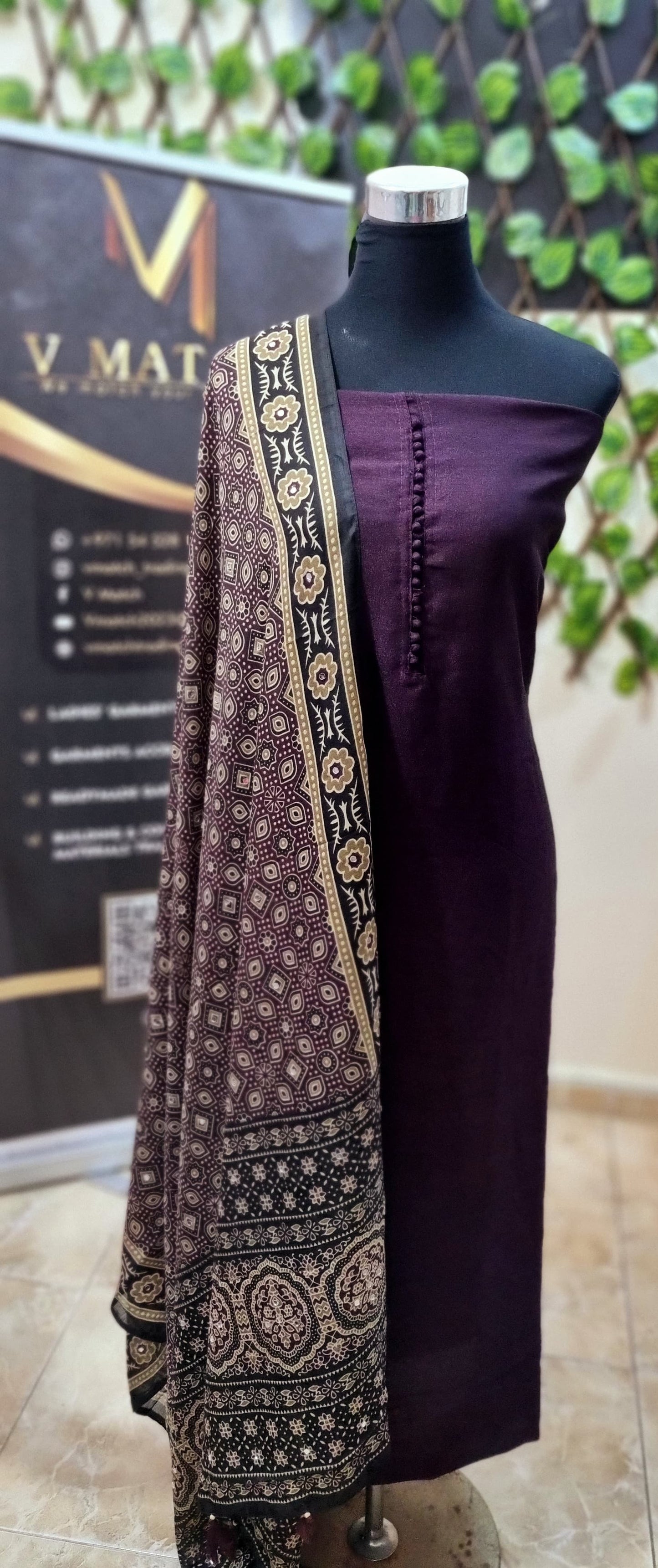 17APR25. Semi Silk Material with Shantoon Lining,  Ajrakh Muslin Silk dupatta with mirror work, and Shantoon Pant (3 Piece Material)