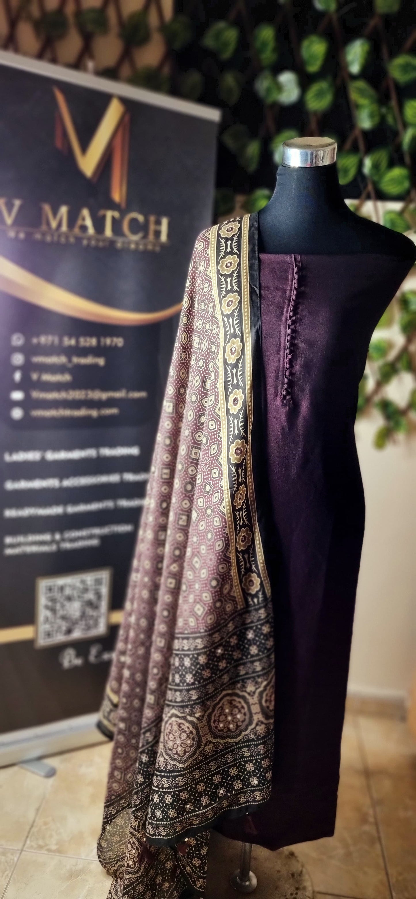 17APR25. Semi Silk Material with Shantoon Lining,  Ajrakh Muslin Silk dupatta with mirror work, and Shantoon Pant (3 Piece Material)