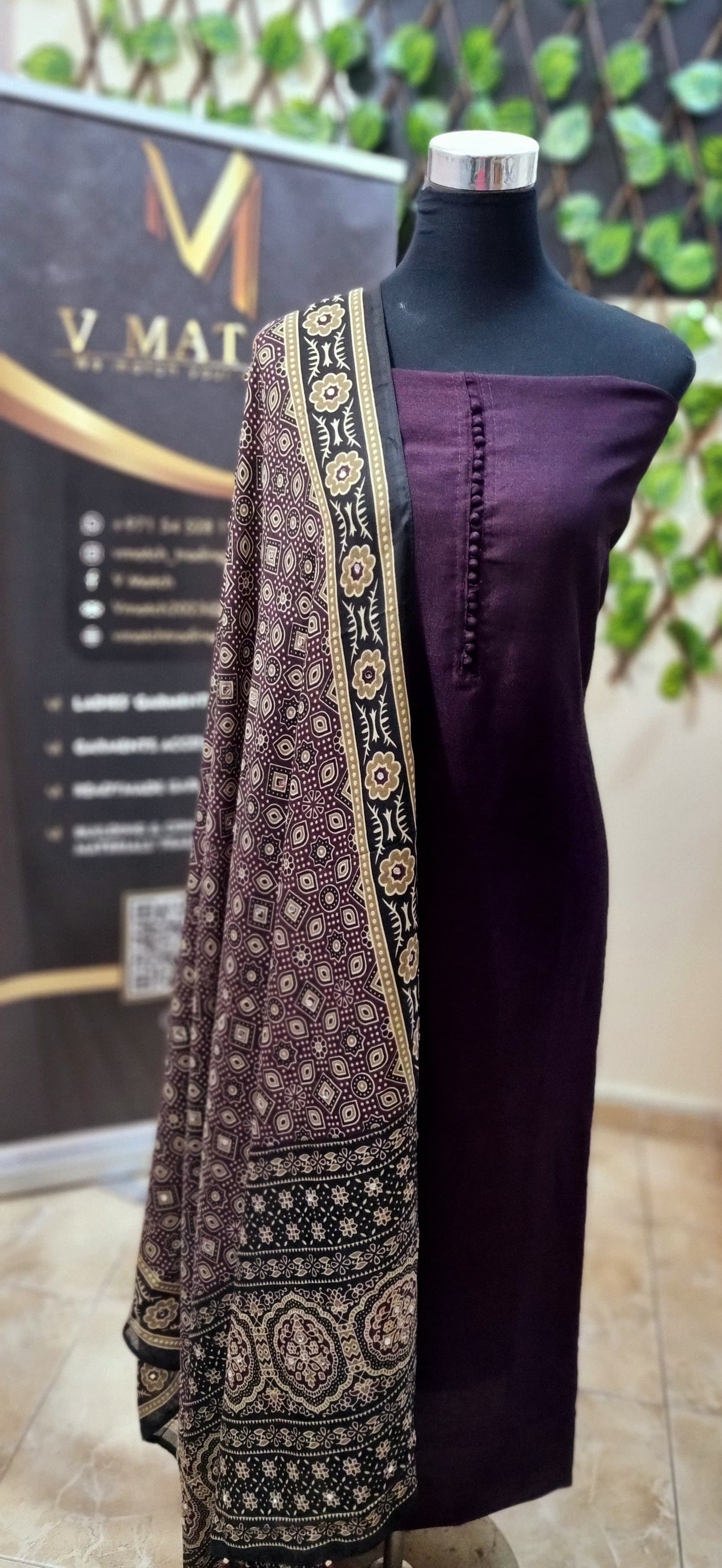 17APR25. Semi Silk Material with Shantoon Lining,  Ajrakh Muslin Silk dupatta with mirror work, and Shantoon Pant (3 Piece Material)