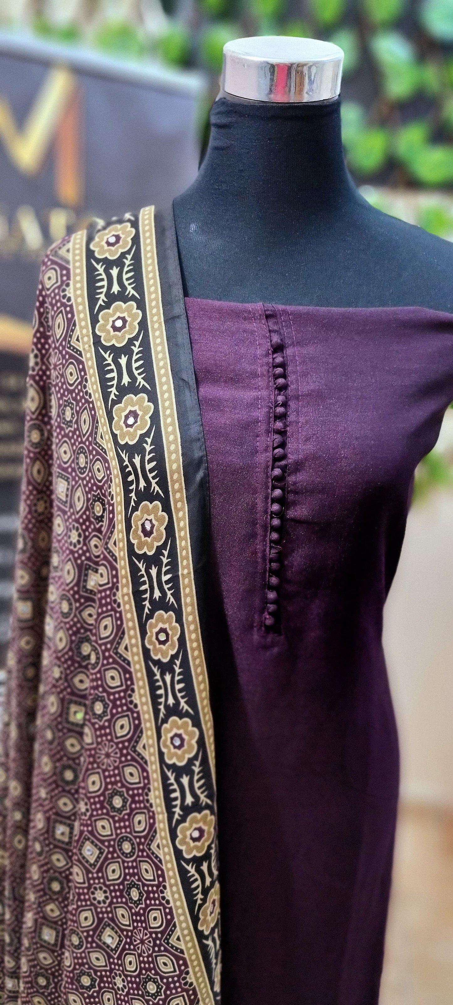 17APR25. Semi Silk Material with Shantoon Lining,  Ajrakh Muslin Silk dupatta with mirror work, and Shantoon Pant (3 Piece Material)