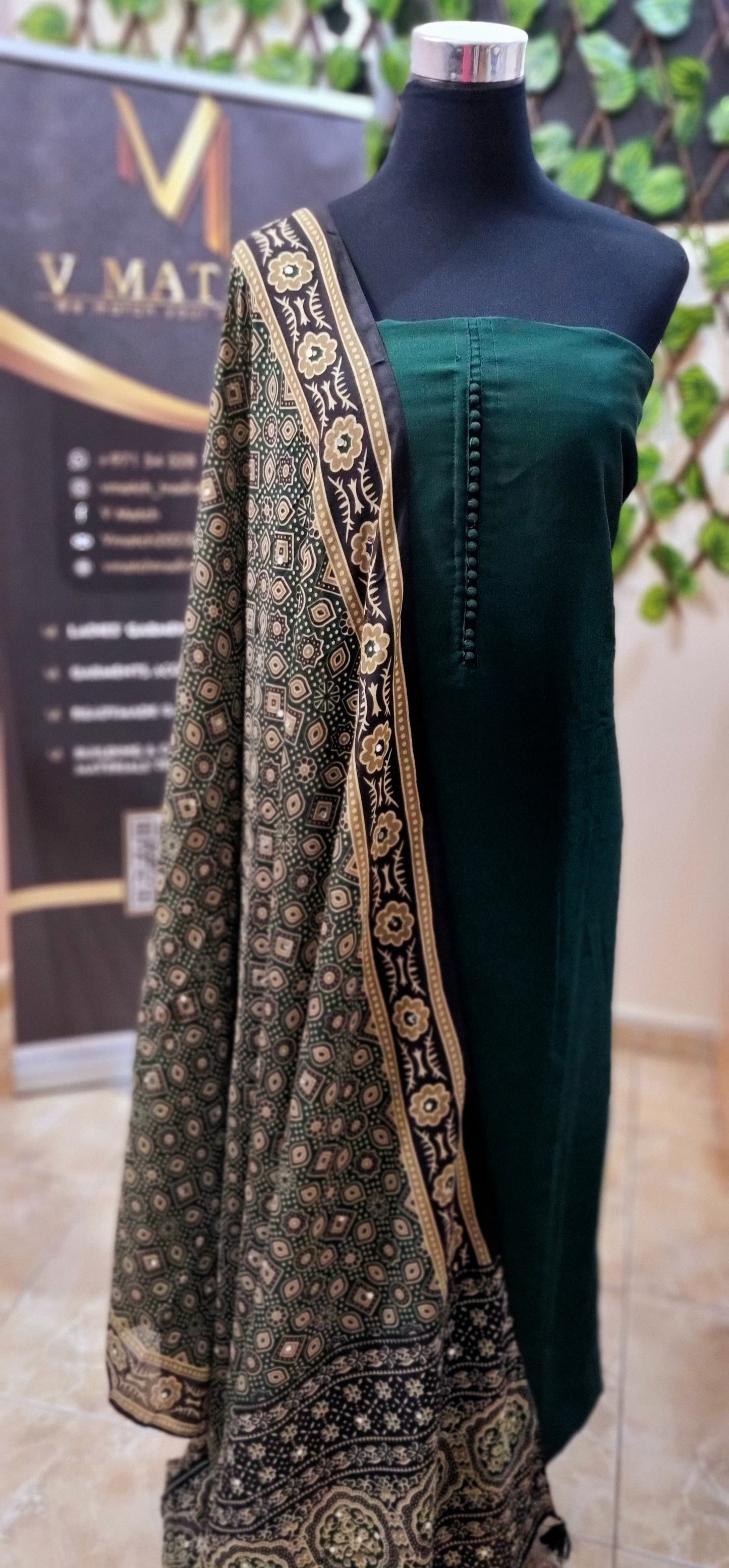 17APR25. Semi Silk Material with Shantoon Lining,  Ajrakh Muslin Silk dupatta with mirror work, and Shantoon Pant (3 Piece Material)