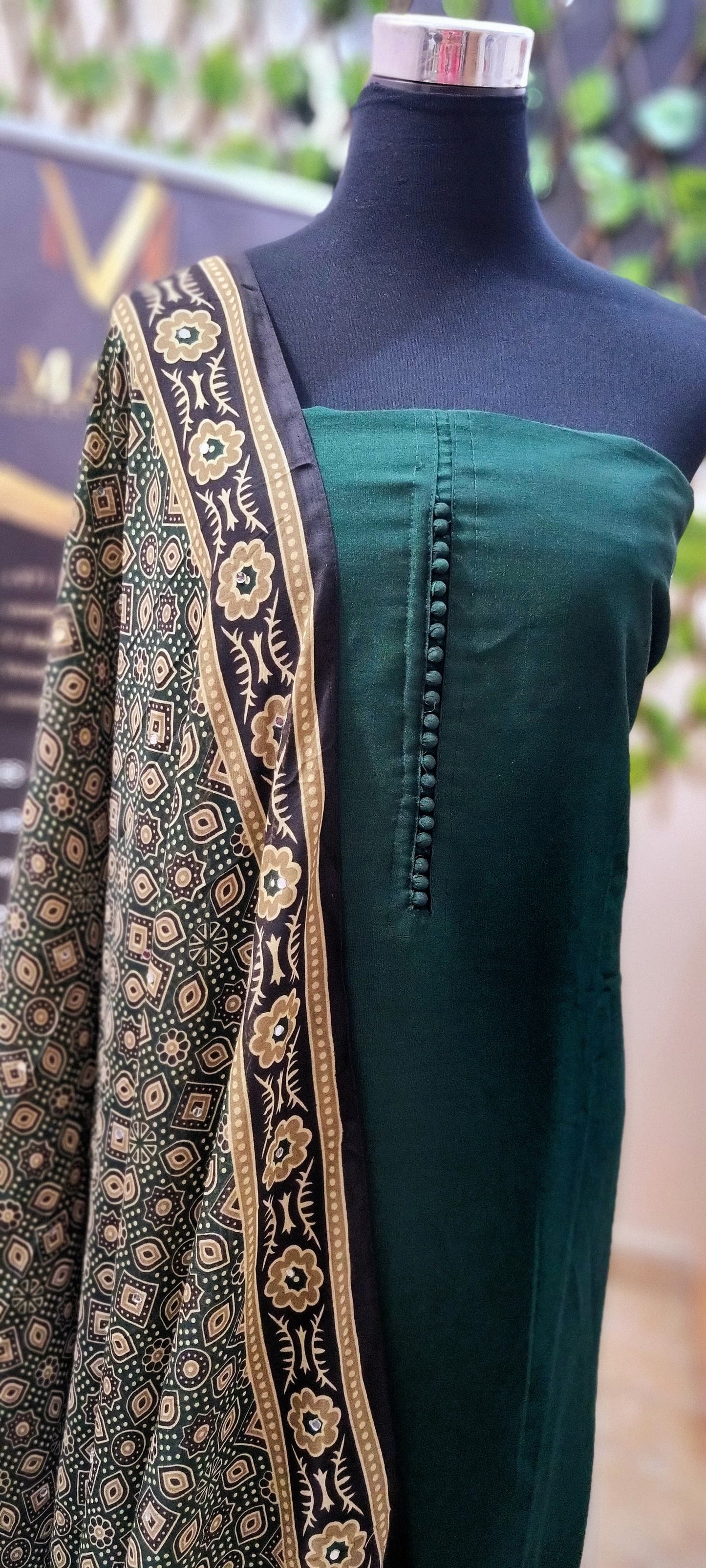 17APR25. Semi Silk Material with Shantoon Lining,  Ajrakh Muslin Silk dupatta with mirror work, and Shantoon Pant (3 Piece Material)