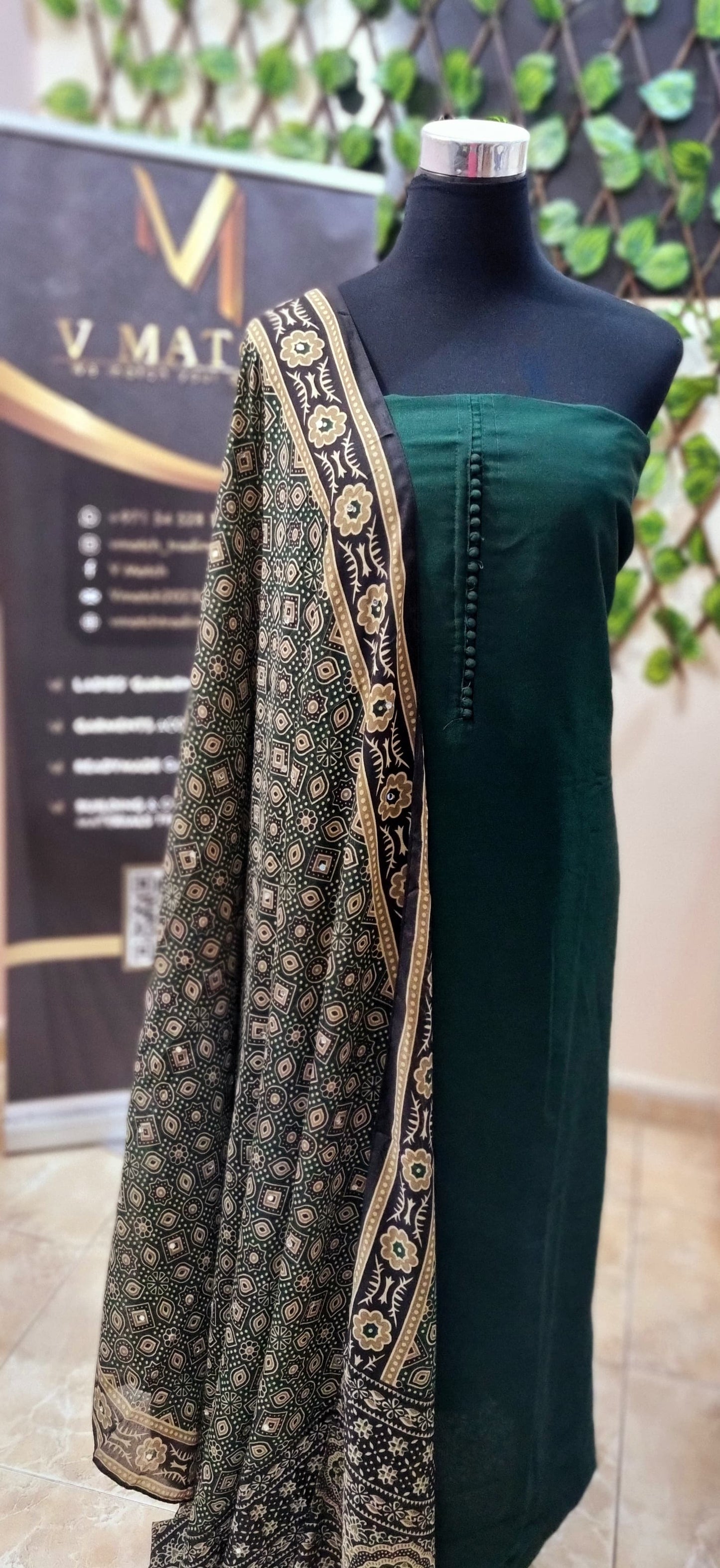 17APR25. Semi Silk Material with Shantoon Lining,  Ajrakh Muslin Silk dupatta with mirror work, and Shantoon Pant (3 Piece Material)