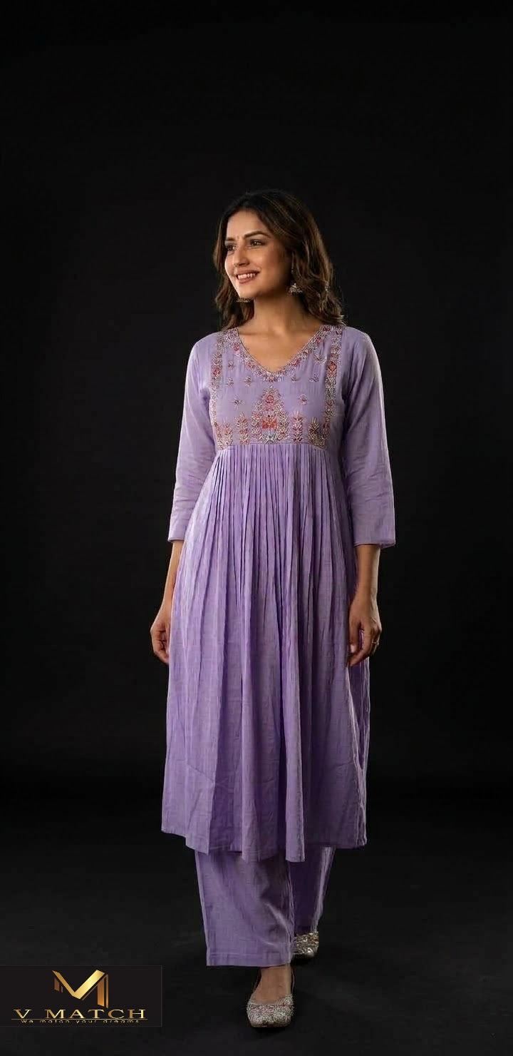 10269. Mul-Chanderi Pleated A-Line Co ord Set .