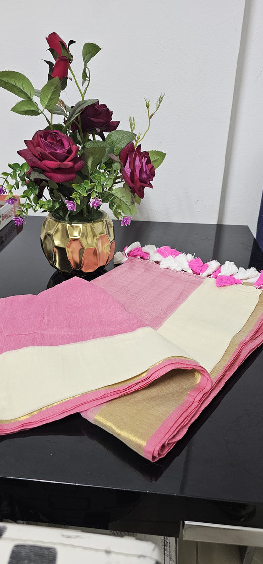 26AUG25. Mulcotton Saree with a pop of pink and gold.